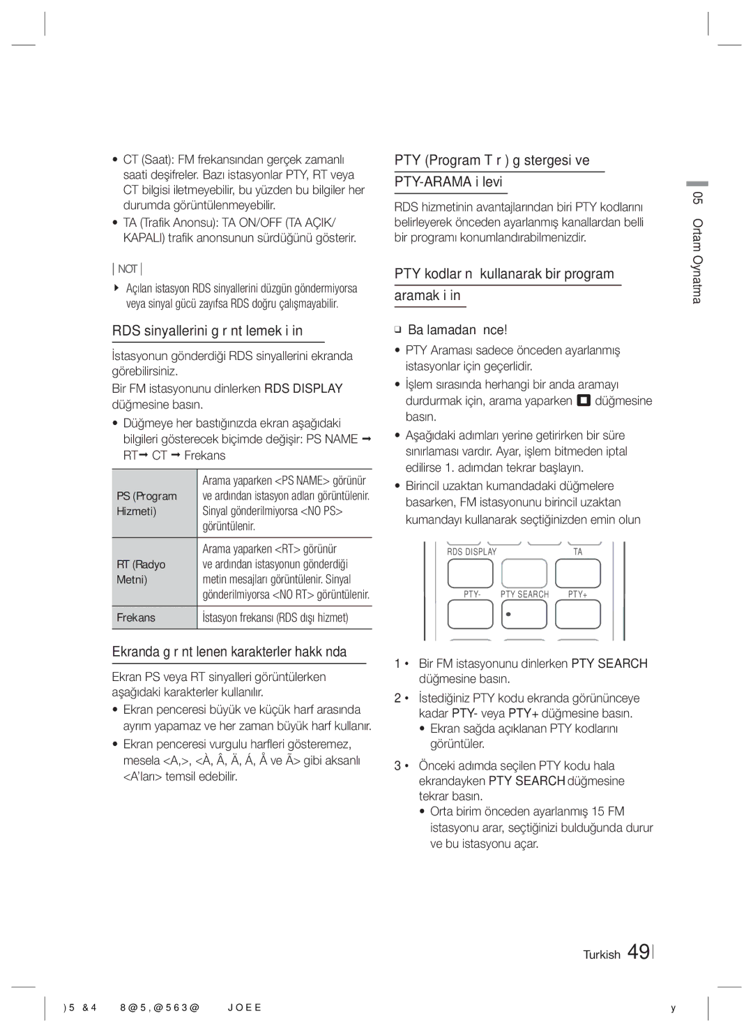 Samsung HT-ES6550W/TK manual RDS sinyallerini görüntülemek için, Ekranda görüntülenen karakterler hakkında 