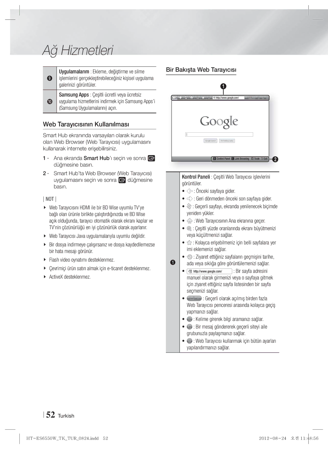 Samsung HT-ES6550W/TK manual Web Tarayıcısının Kullanılması, Bir Bakışta Web Tarayıcısı, ActiveX desteklenmez 