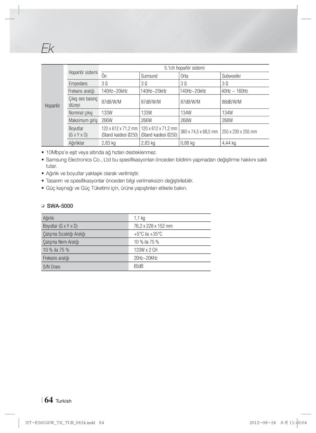 Samsung HT-ES6550W/TK 1ch hoparlör sistemi Surround Orta Subwoofer Empedans, 140Hz~20kHz 40Hz ~ 160Hz, 266W 268W Boyutlar 