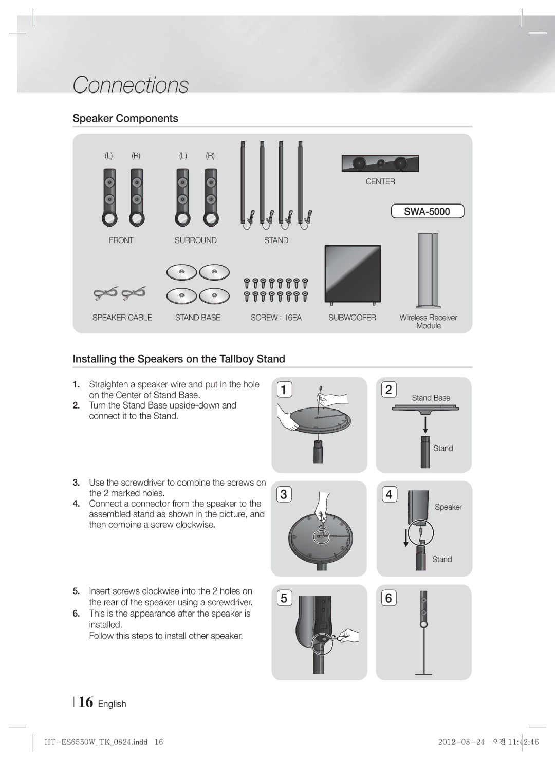 Samsung HT-ES6550W/TK manual Speaker Components, Installing the Speakers on the Tallboy Stand, SWA-5000, Stand Base Speaker 