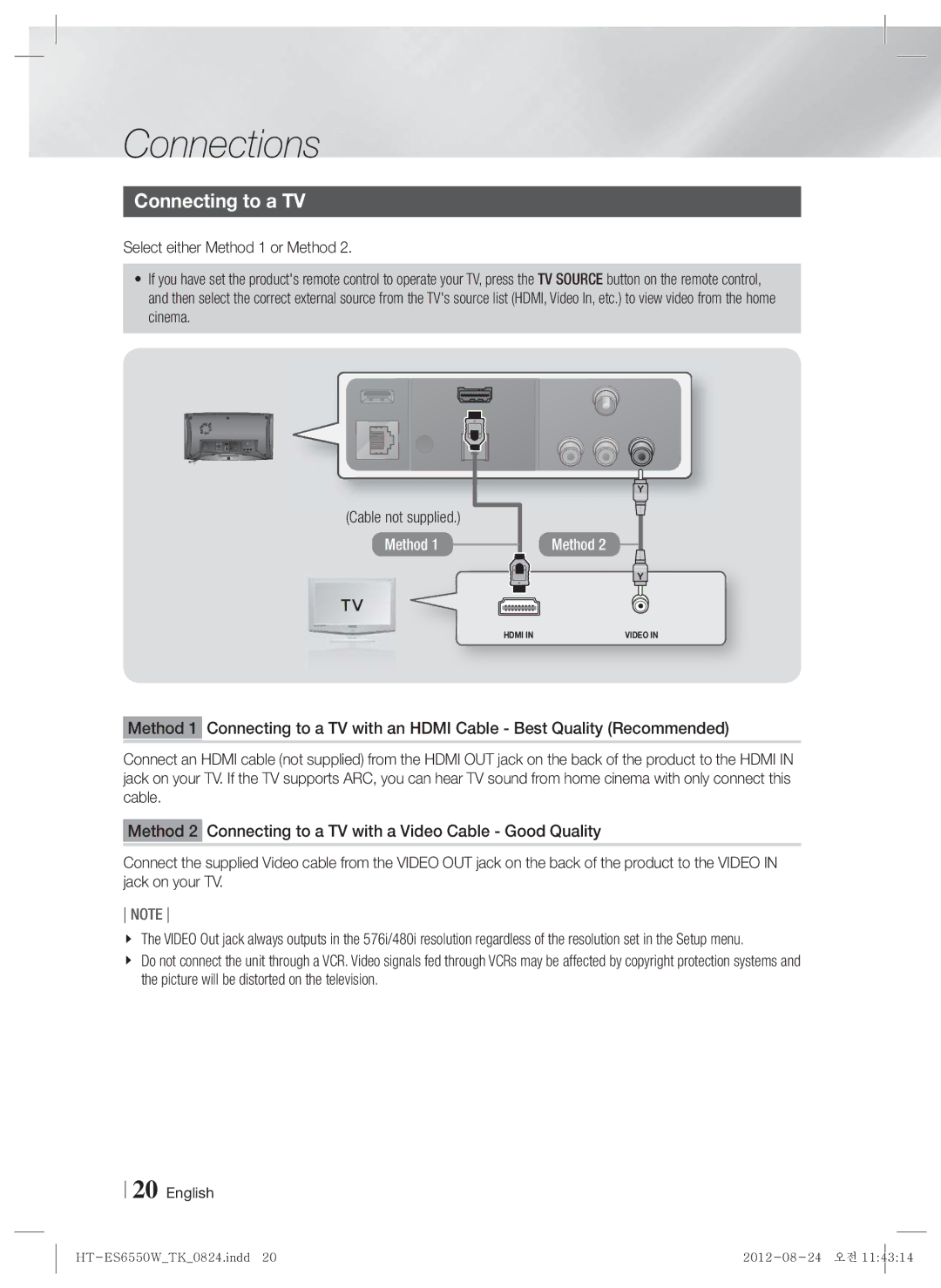 Samsung HT-ES6550W/TK manual Connecting to a TV, Method 