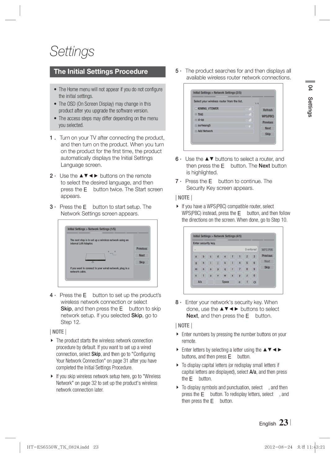 Samsung HT-ES6550W/TK manual Initial Settings Procedure, Access steps may differ depending on the menu you selected 