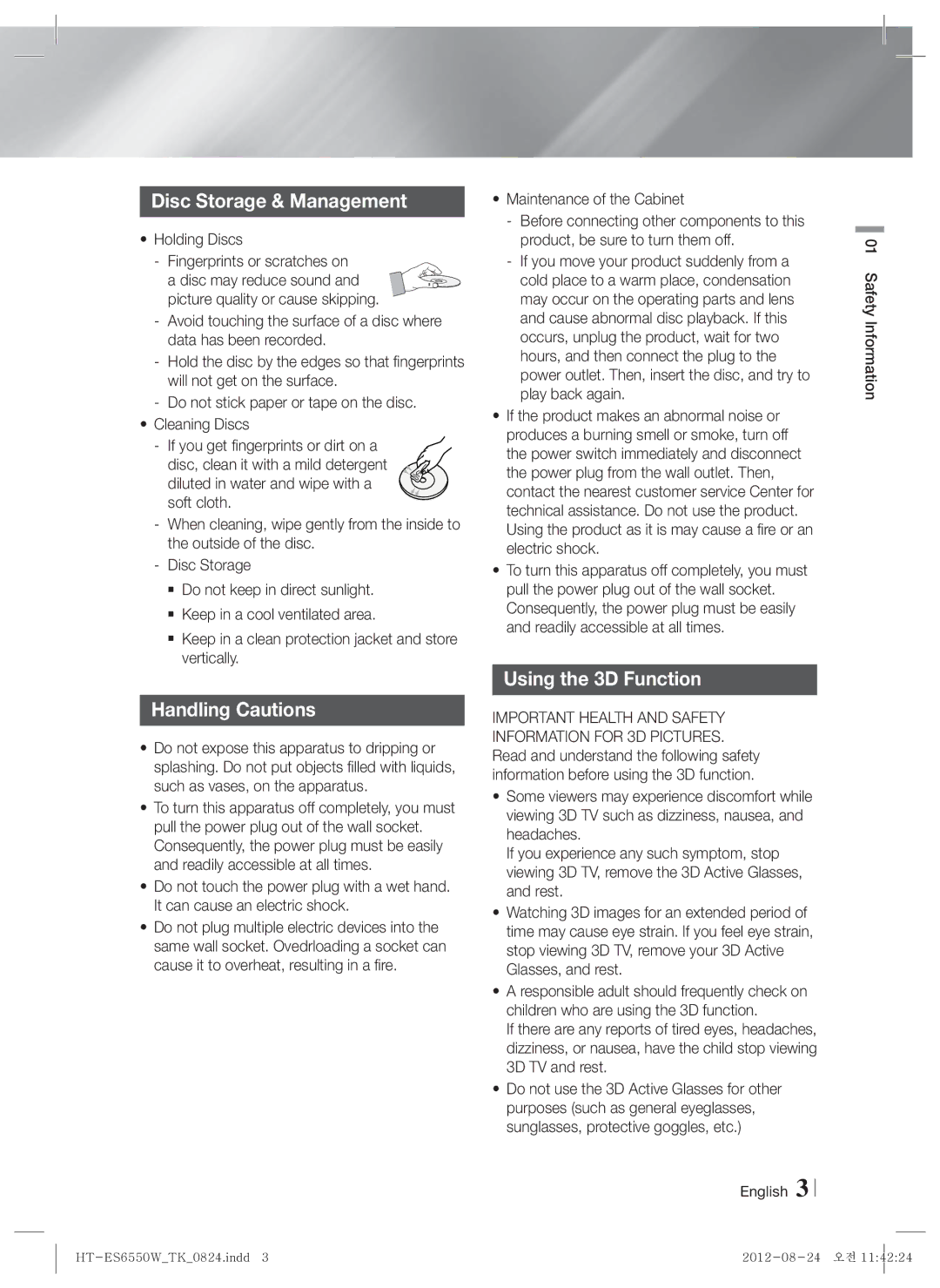 Samsung HT-ES6550W/TK manual Disc Storage & Management, Handling Cautions, Using the 3D Function, Holding Discs 
