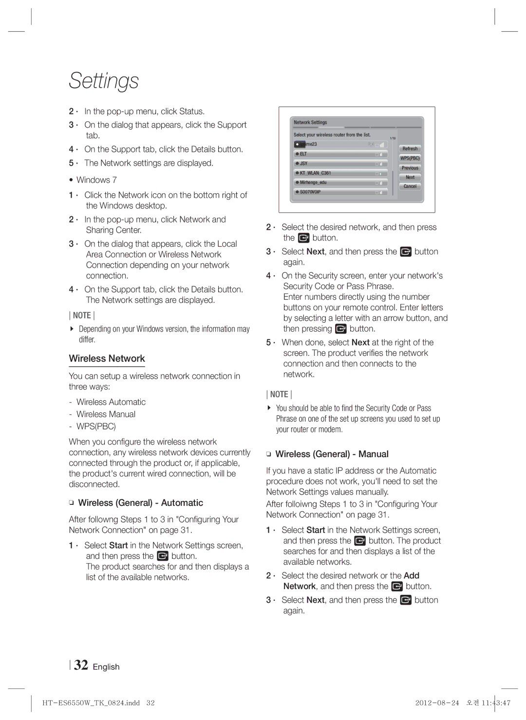 Samsung HT-ES6550W/TK manual Wireless Network, Wpspbc, Wireless General Manual 