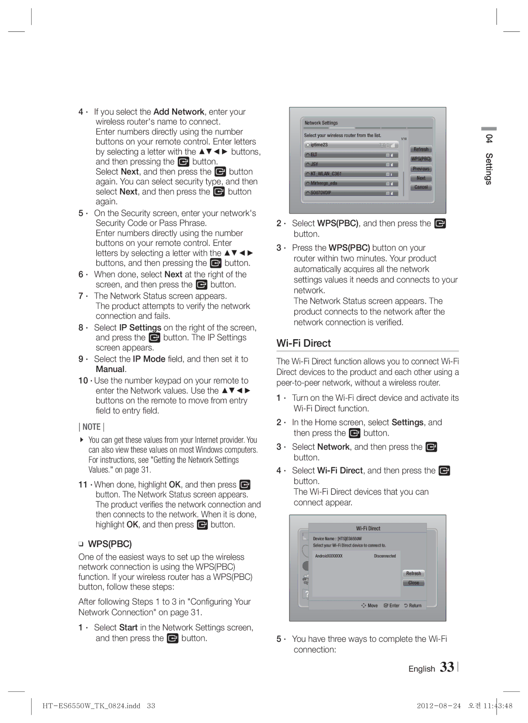 Samsung HT-ES6550W/TK manual Wi-Fi Direct, · You have three ways to complete the Wi-Fi connection 