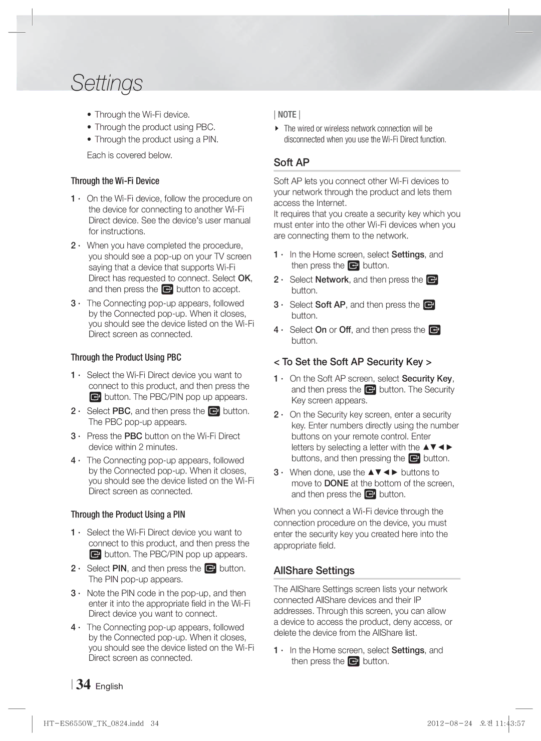 Samsung HT-ES6550W/TK manual AllShare Settings, To Set the Soft AP Security Key 