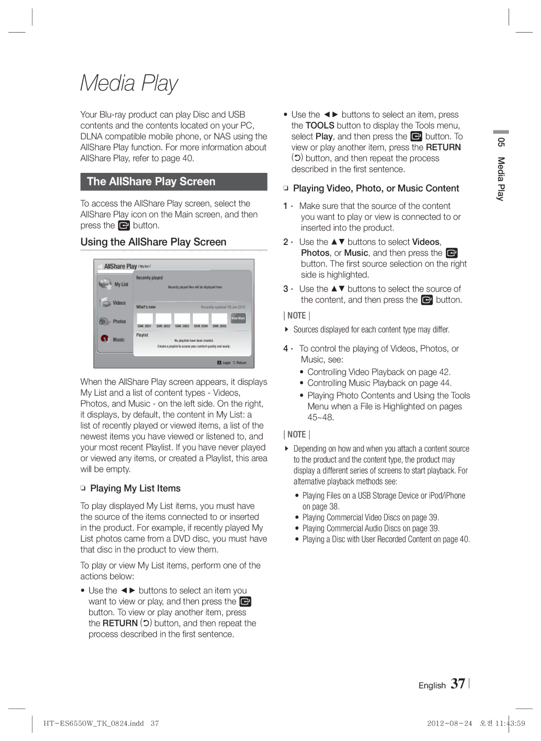Samsung HT-ES6550W/TK manual Media Play, Using the AllShare Play Screen, Playing My List Items 