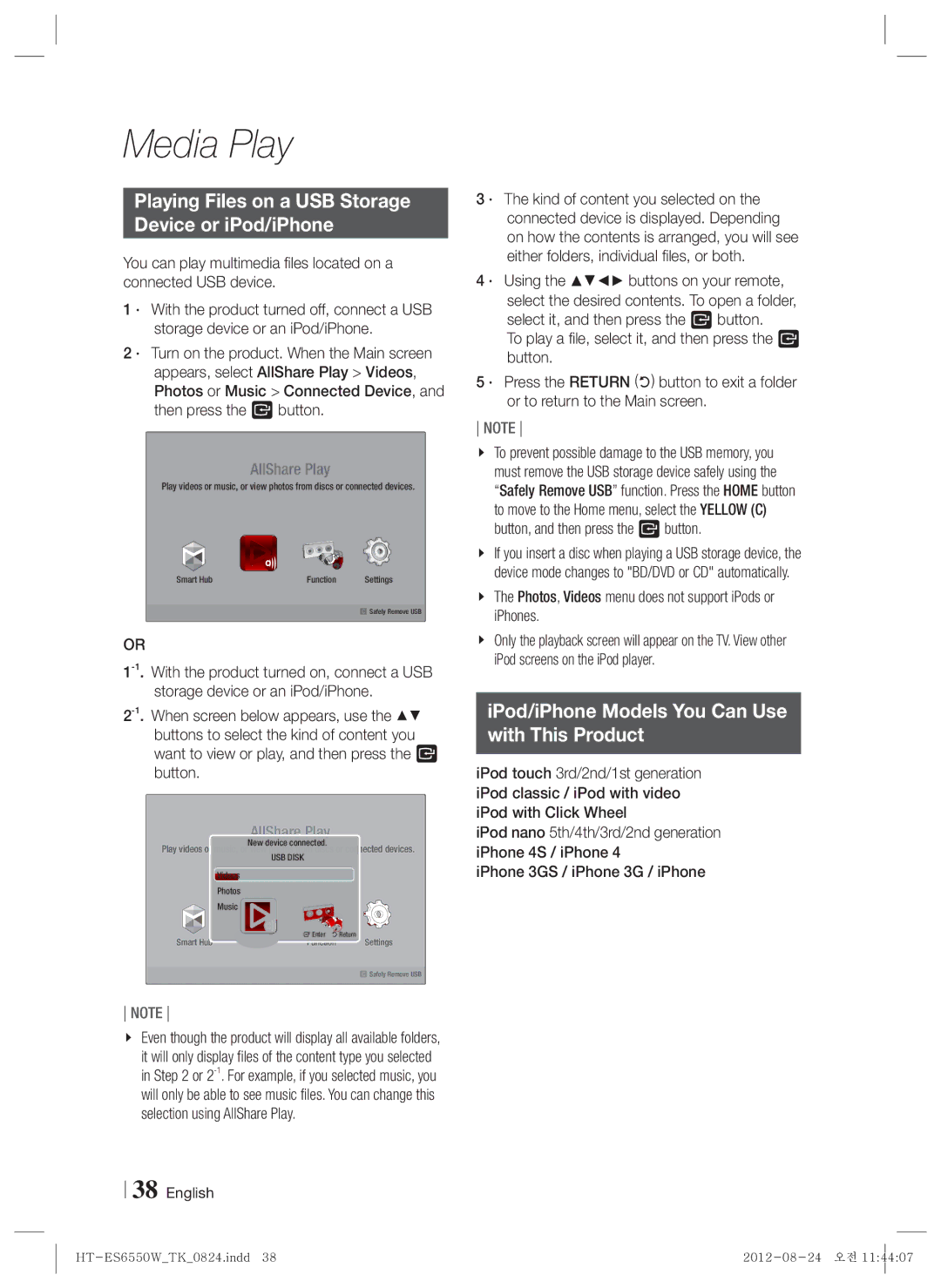 Samsung HT-ES6550W/TK manual Playing Files on a USB Storage Device or iPod/iPhone 