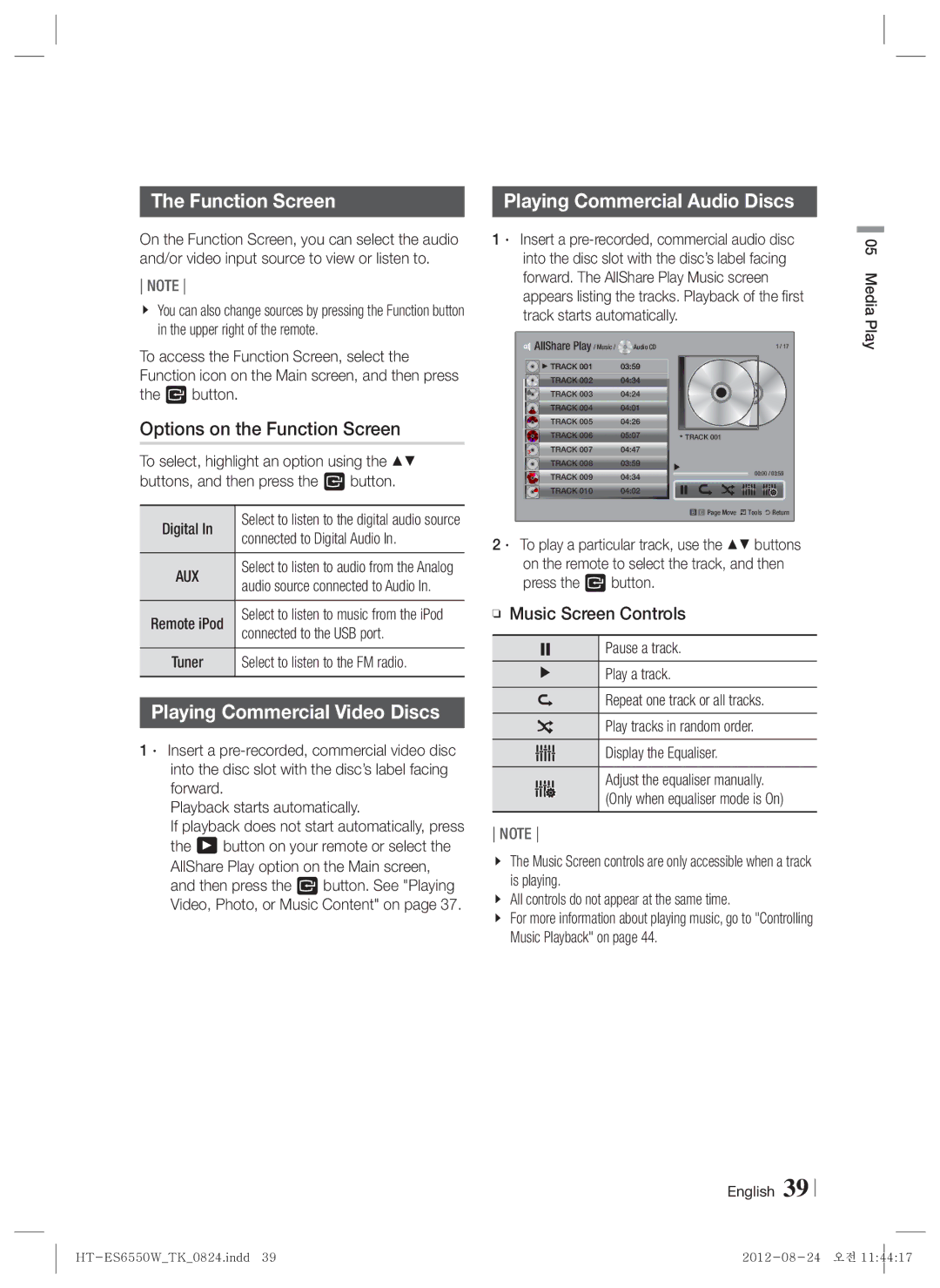 Samsung HT-ES6550W/TK Options on the Function Screen, Playing Commercial Audio Discs, Playing Commercial Video Discs 