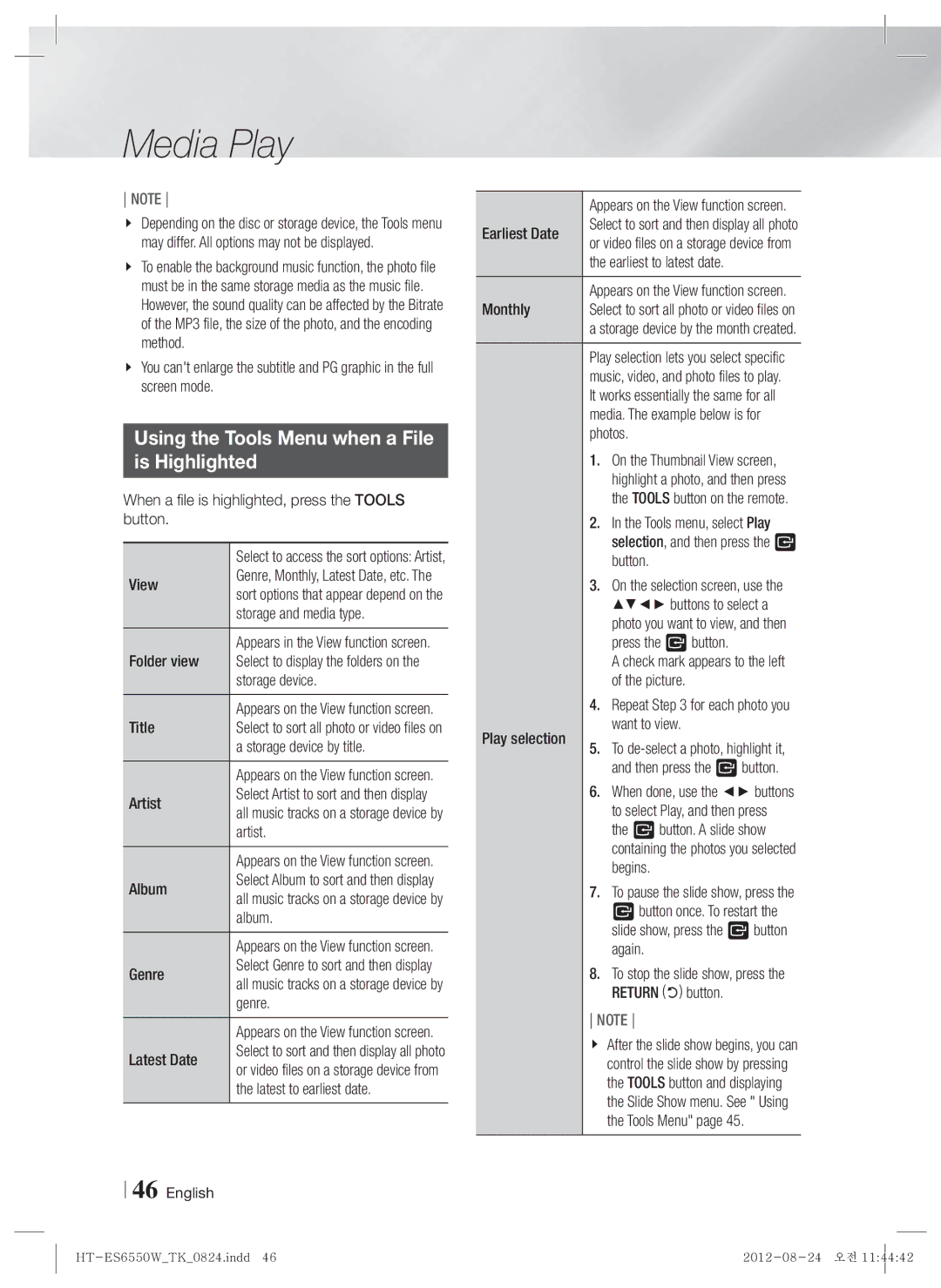 Samsung HT-ES6550W/TK manual Using the Tools Menu when a File Is Highlighted 