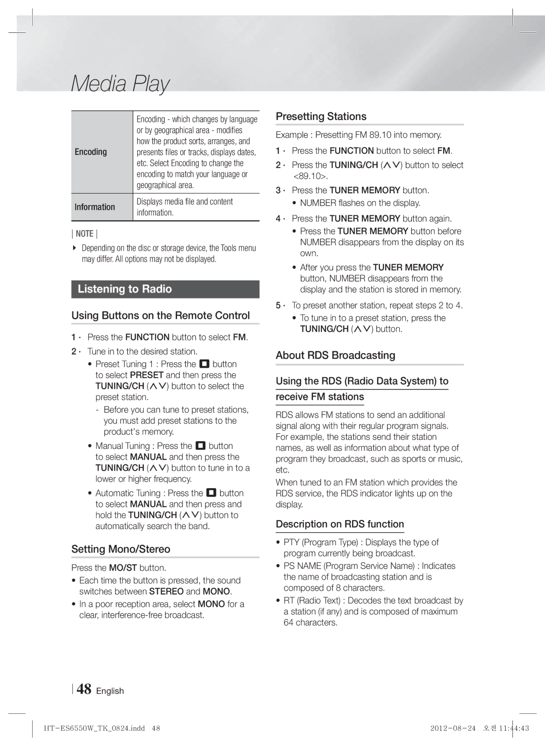 Samsung HT-ES6550W/TK Listening to Radio, Using Buttons on the Remote Control, Setting Mono/Stereo, Presetting Stations 