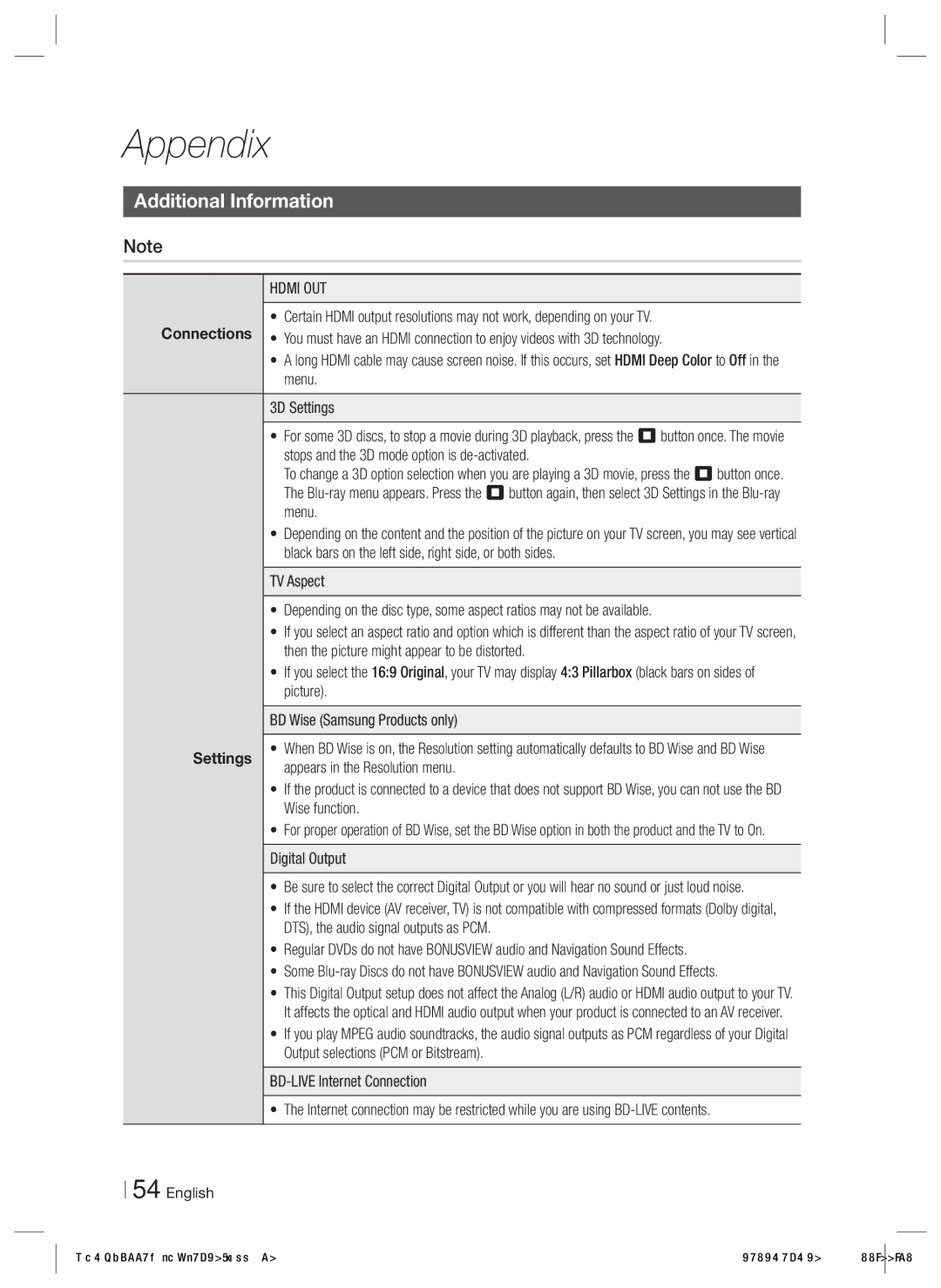 Samsung HT-ES6550W/TK manual Appendix, Additional Information, Hdmi OUT, Settings 