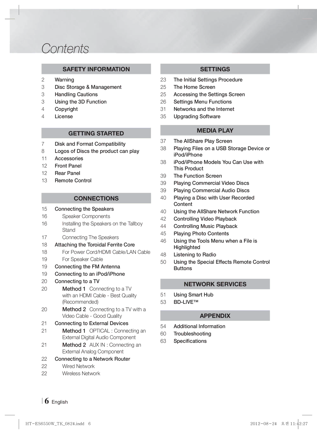 Samsung HT-ES6550W/TK manual Contents 