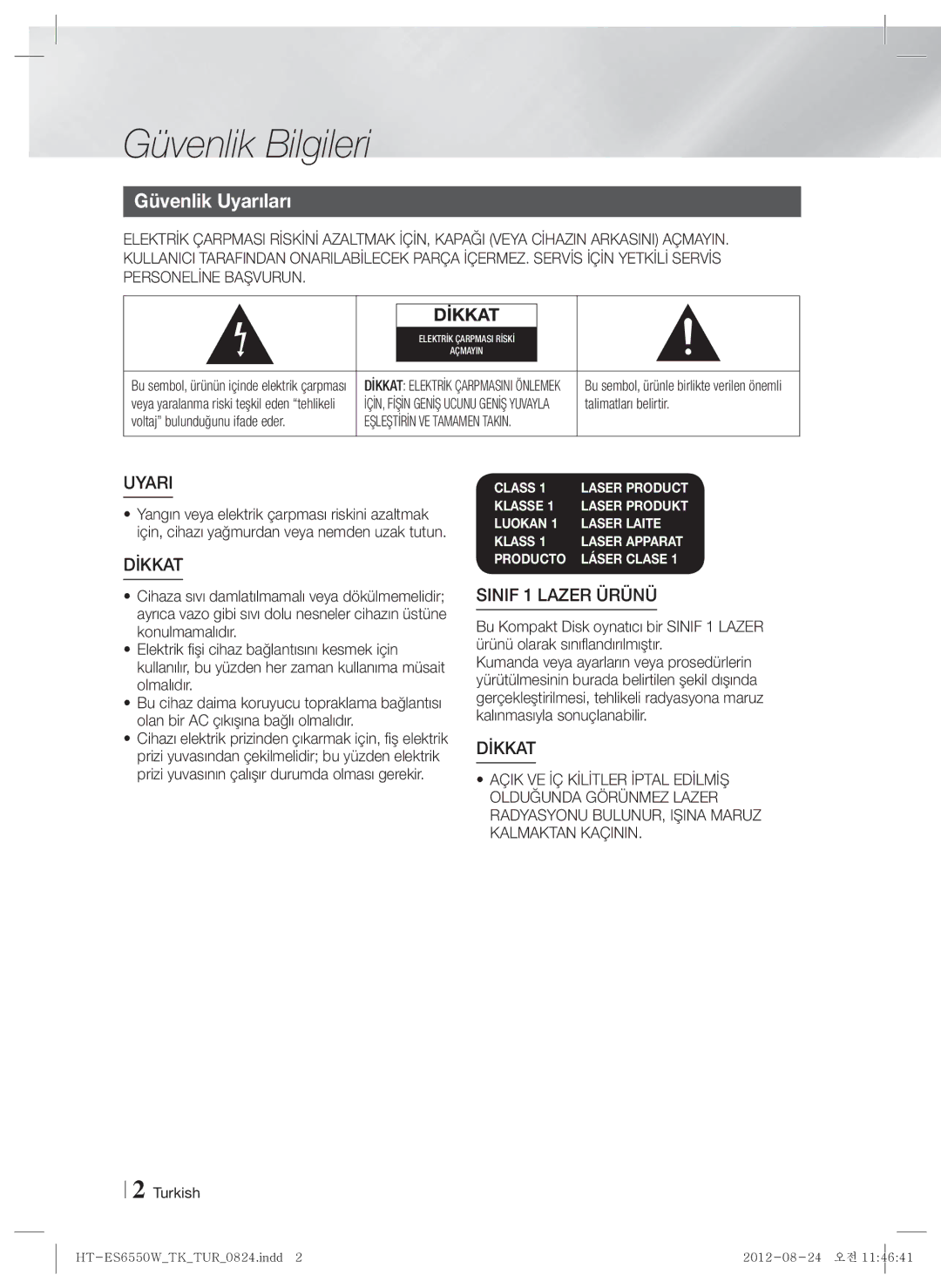 Samsung HT-ES6550W/TK manual Güvenlik Bilgileri, Güvenlik Uyarıları 