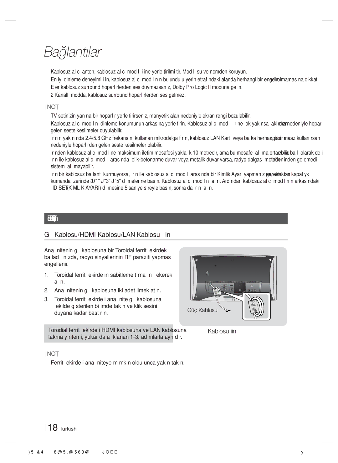 Samsung HT-ES6550W/TK Toroidal Ferrit Çekirdeğin Takılması, Güç Kablosu/HDMI Kablosu/LAN Kablosu İçin, Güç Kablosu için 