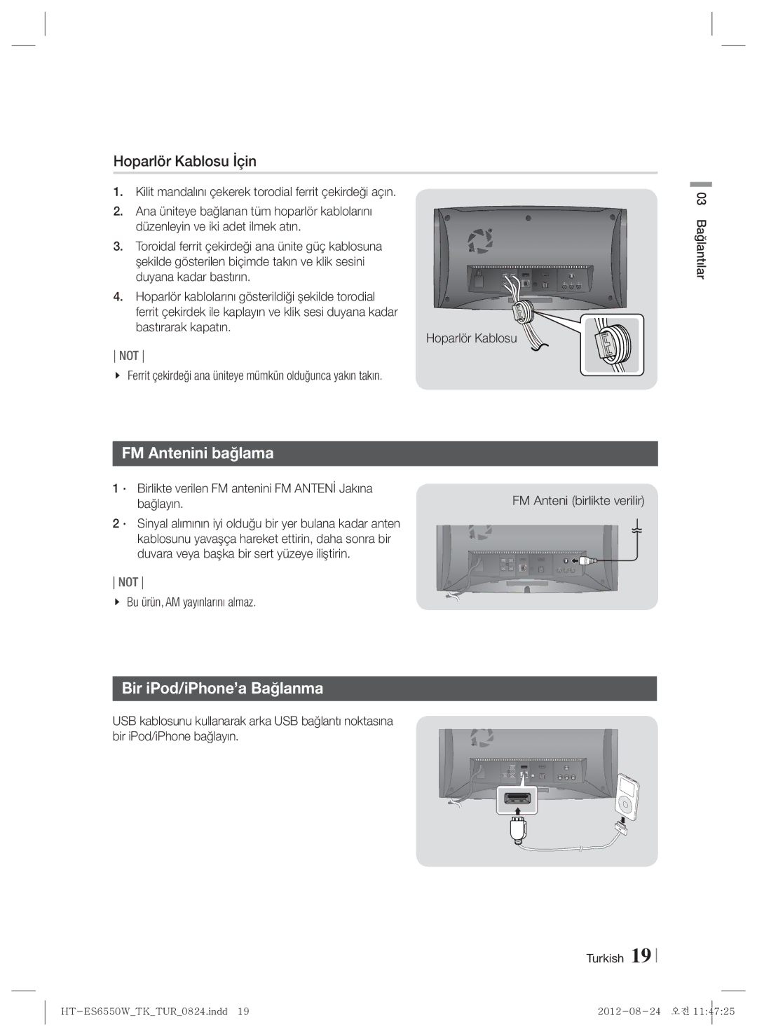 Samsung HT-ES6550W/TK manual Hoparlör Kablosu İçin, FM Antenini bağlama, Bir iPod/iPhone’a Bağlanma 