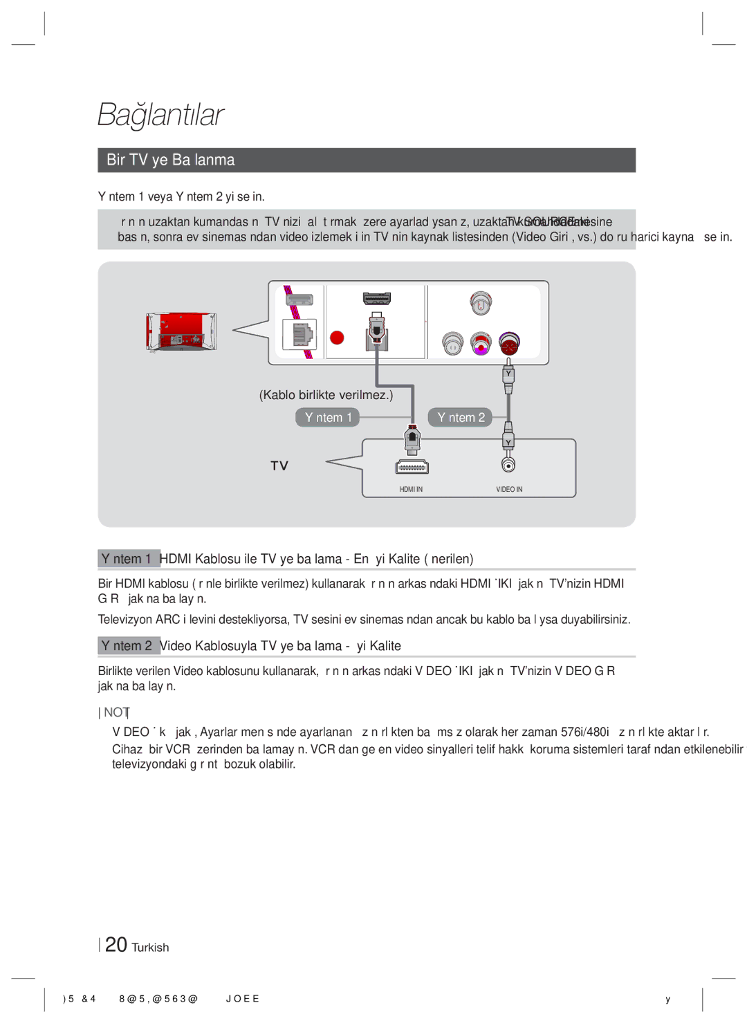 Samsung HT-ES6550W/TK manual Bir TV’ye Bağlanma, Yöntem 1 veya Yöntem 2’yi seçin, Kablo birlikte verilmez 