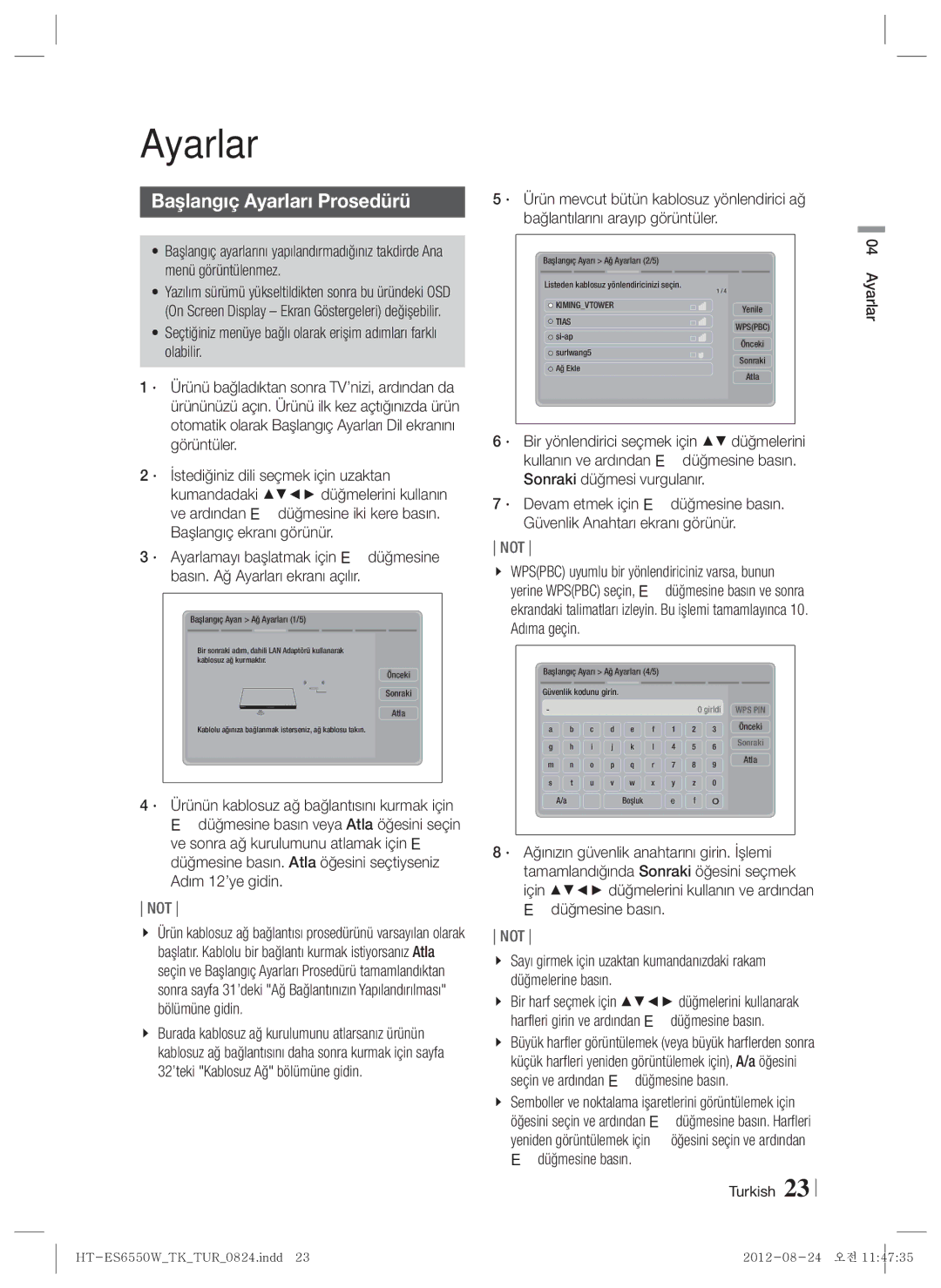 Samsung HT-ES6550W/TK manual Başlangıç Ayarları Prosedürü 