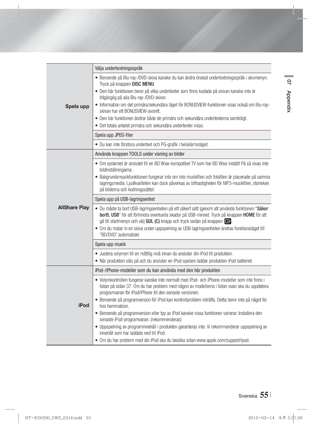 Samsung HT-ES6200/XE, HT-ES6600/XE manual Spela upp på USB-lagringsenhet, IPod 