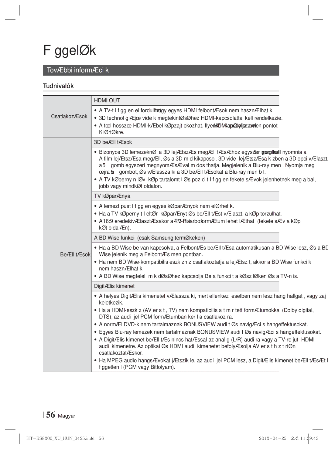 Samsung HT-ES8200/EN manual Függelék, További információk, Tudnivalók, Hdmi OUT 