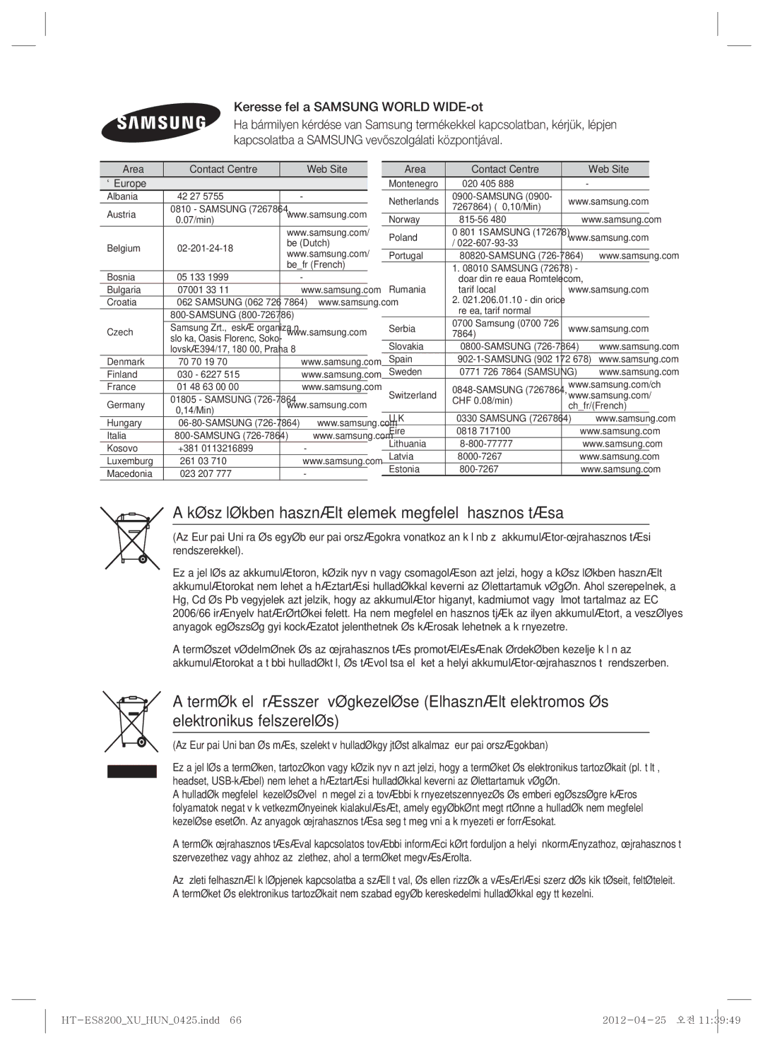 Samsung HT-ES8200/EN manual Készülékben használt elemek megfelelő hasznosítása, Keresse fel a Samsung World WIDE-ot 