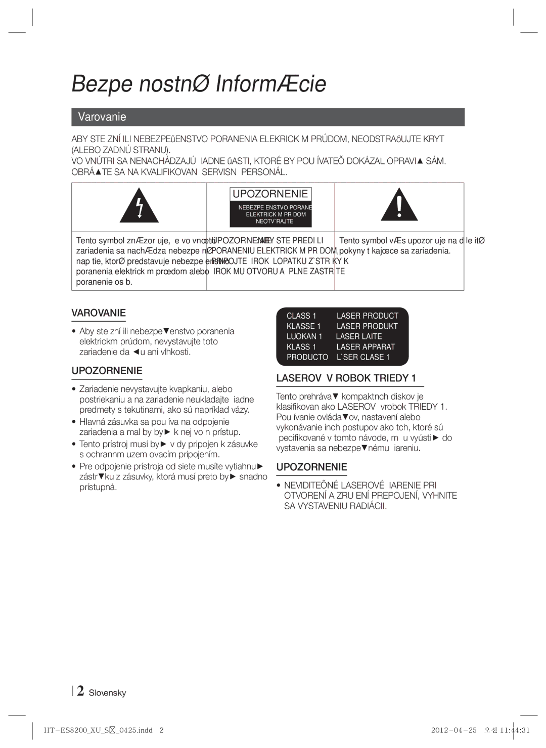 Samsung HT-ES8200/EN manual Bezpečnostné Informácie, Varovanie, Pokyny týkajúce sa zariadenia, Poranenie osôb, Slovensky 