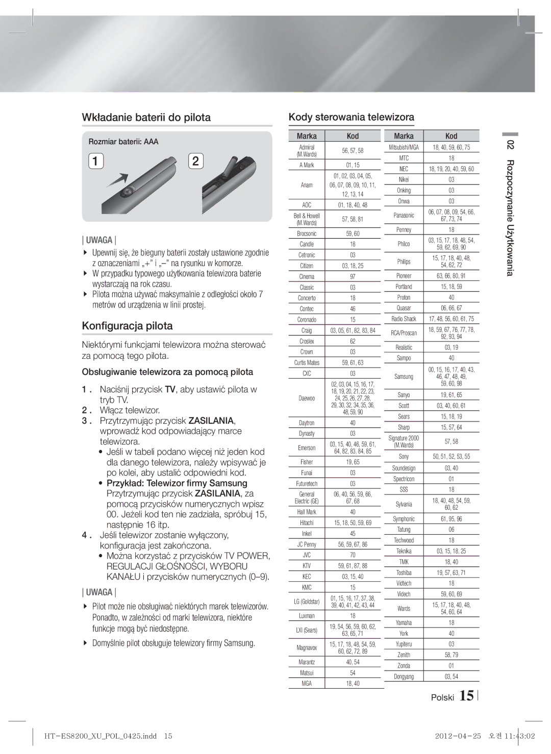 Samsung HT-ES8200/EN Wkładanie baterii do pilota, Konfiguracja pilota, Kody sterowania telewizora, Rozmiar baterii AAA 