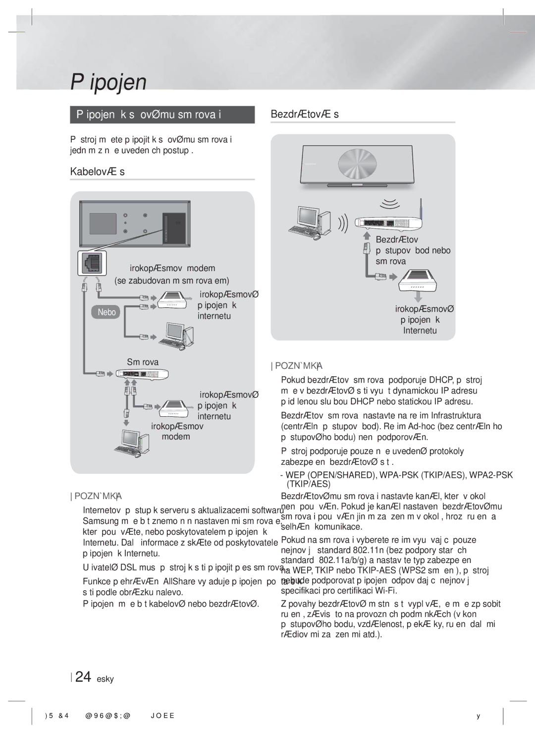 Samsung HT-ES8200/EN manual Připojení k síťovému směrovači, Kabelová síť 