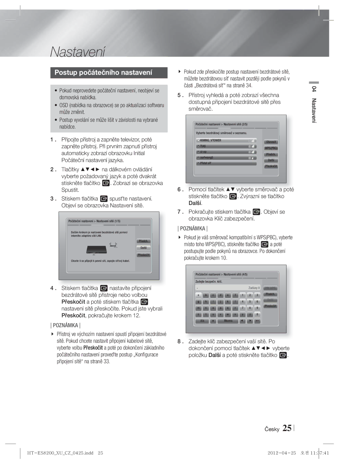 Samsung HT-ES8200/EN manual Postup počátečního nastavení, Česky Nastavení 