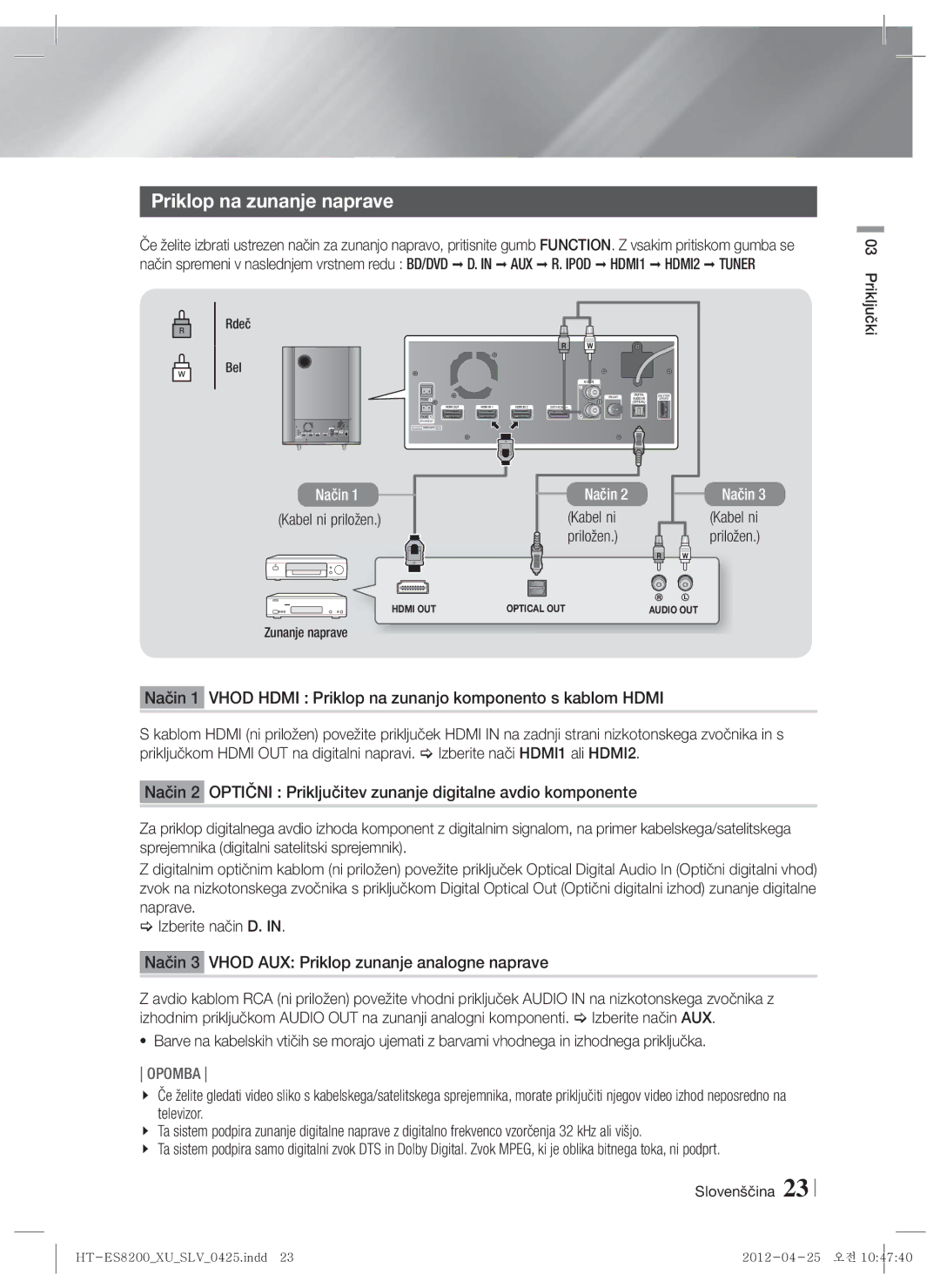 Samsung HT-ES8200/EN manual Priklop na zunanje naprave, Kabel ni priložen, Priložen, Zunanje naprave 