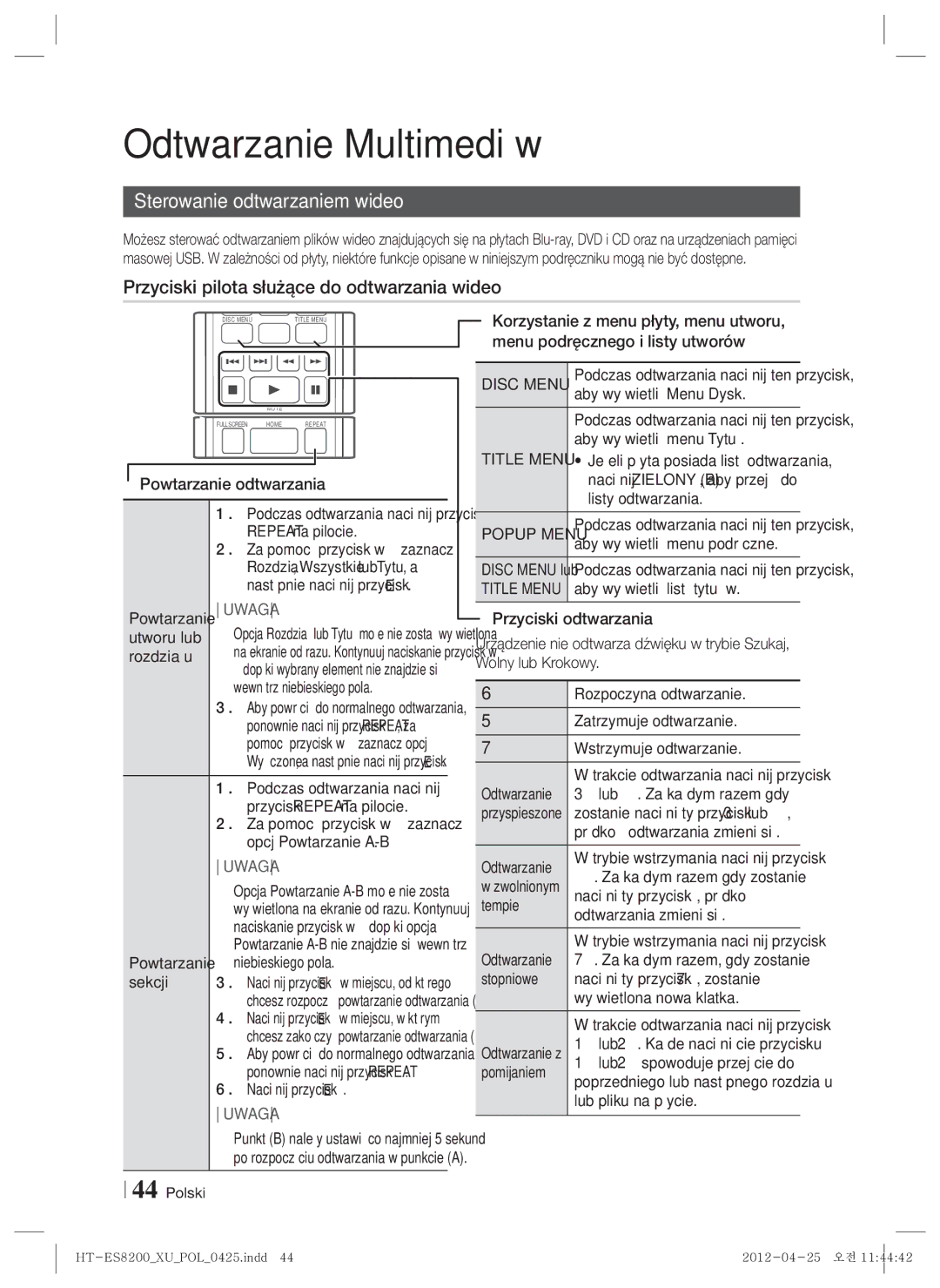 Samsung HT-ES8200/EN Sterowanie odtwarzaniem wideo, Przyciski pilota służące do odtwarzania wideo, Disc Menu, Title Menu 