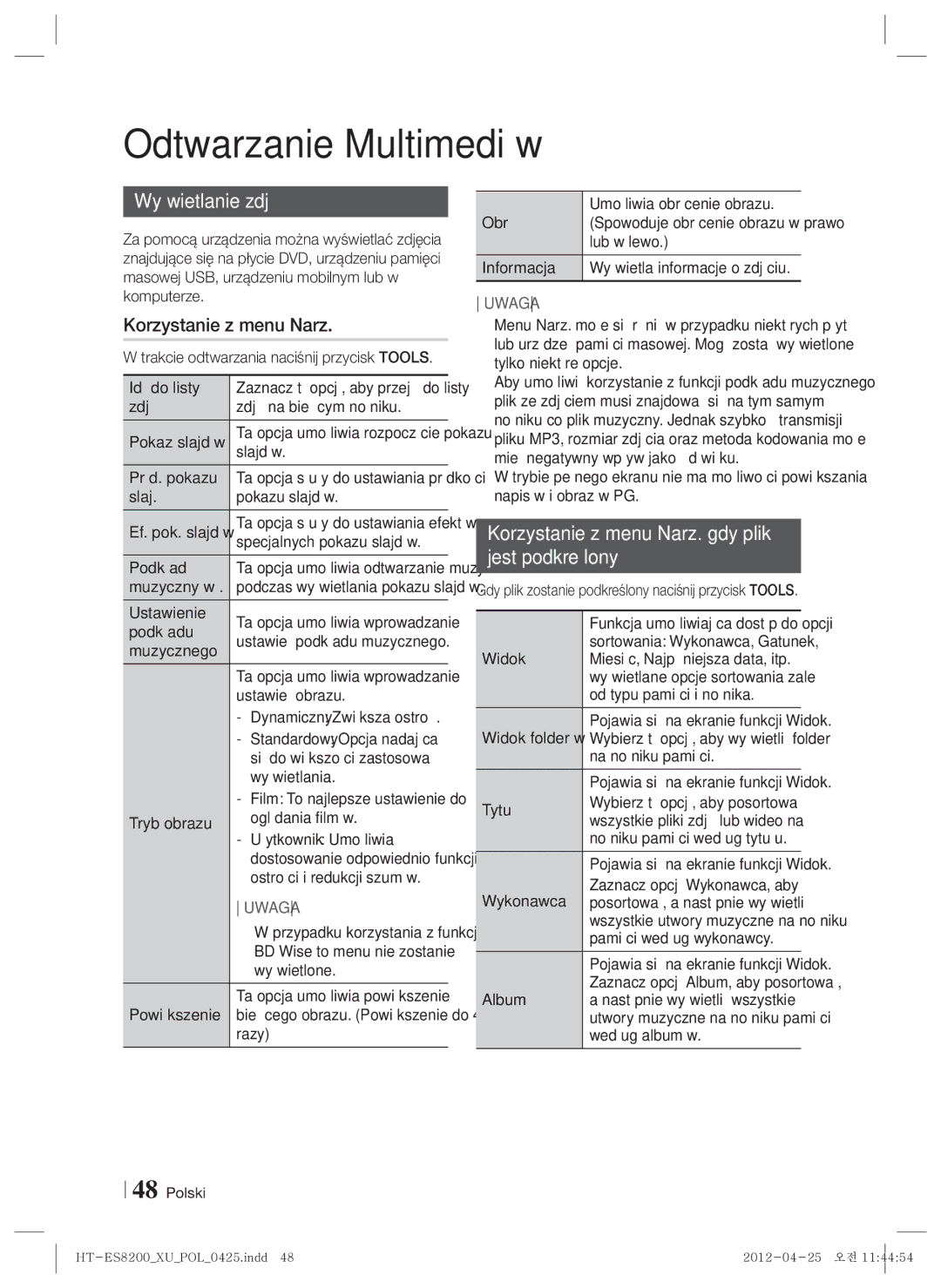 Samsung HT-ES8200/EN manual Wyświetlanie zdjęć, Korzystanie z menu Narz. gdy plik Jest podkreślony 