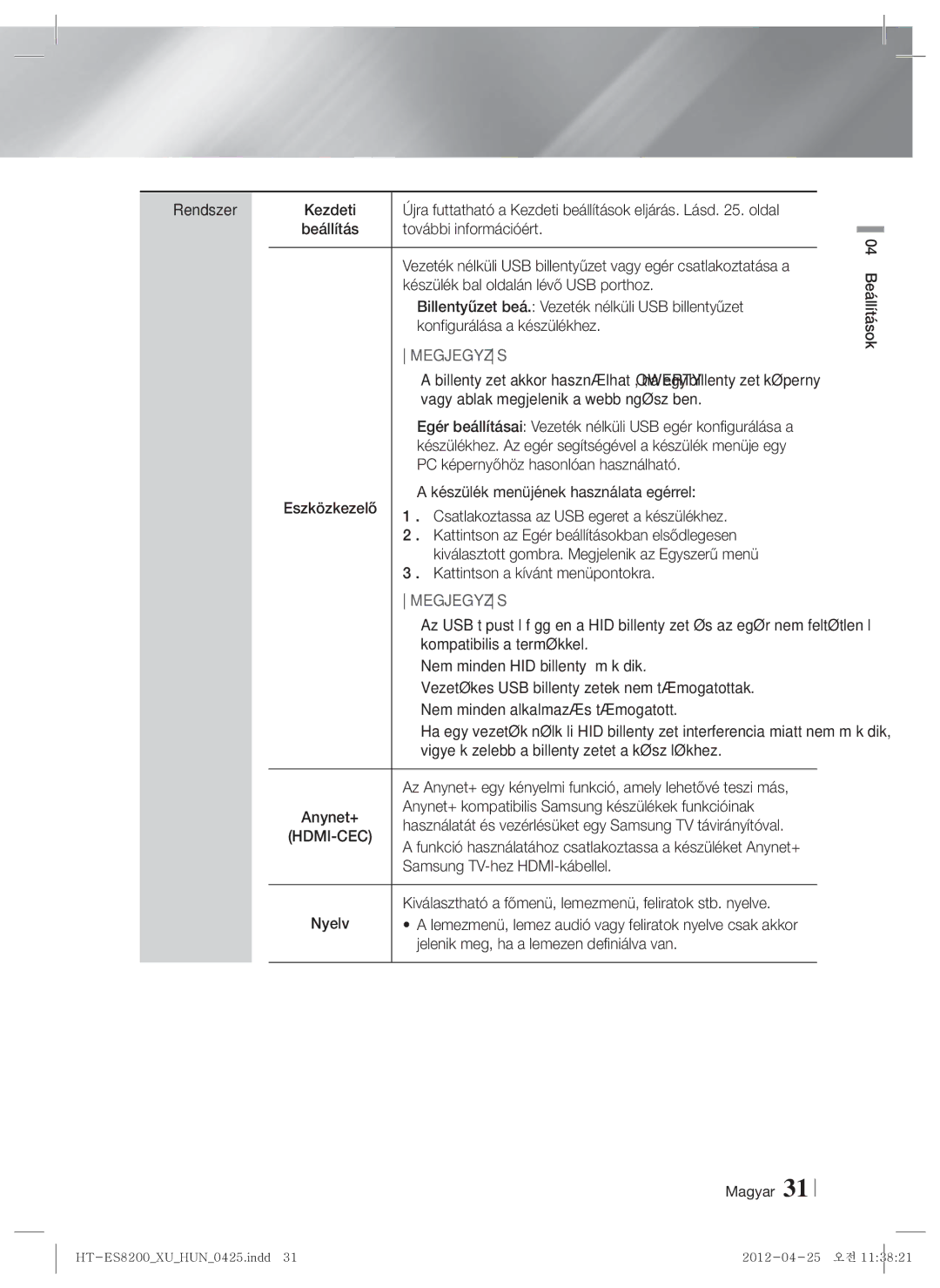 Samsung HT-ES8200/EN manual Rendszer 