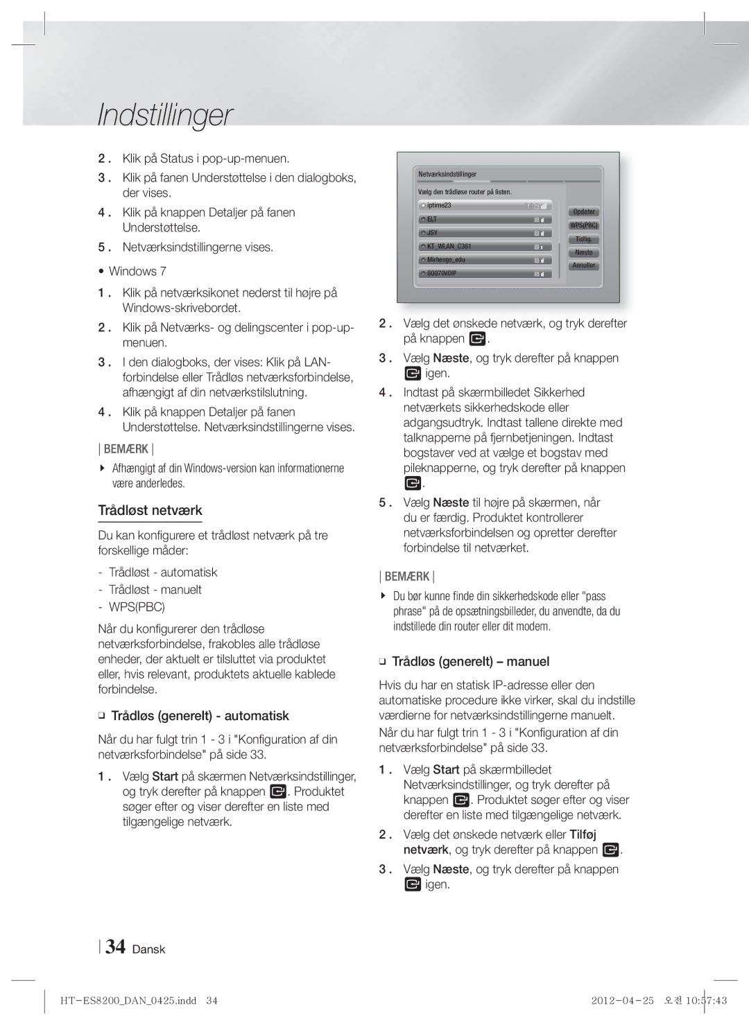 Samsung HT-ES8200/XE manual Trådløst netværk, Trådløs generelt manuel, Vælg Næste, og tryk derefter på knappen Igen 