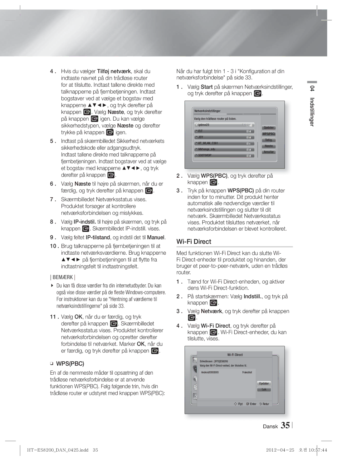 Samsung HT-ES8200/XE manual Skærmbilledet Netværksstatus vises, Vælg WPSPBC, og tryk derefter på knappen E 