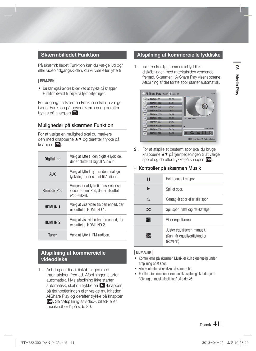 Samsung HT-ES8200/XE manual Skærmbilledet Funktion, Muligheder på skærmen Funktion, Afspilning af kommercielle lyddiske 