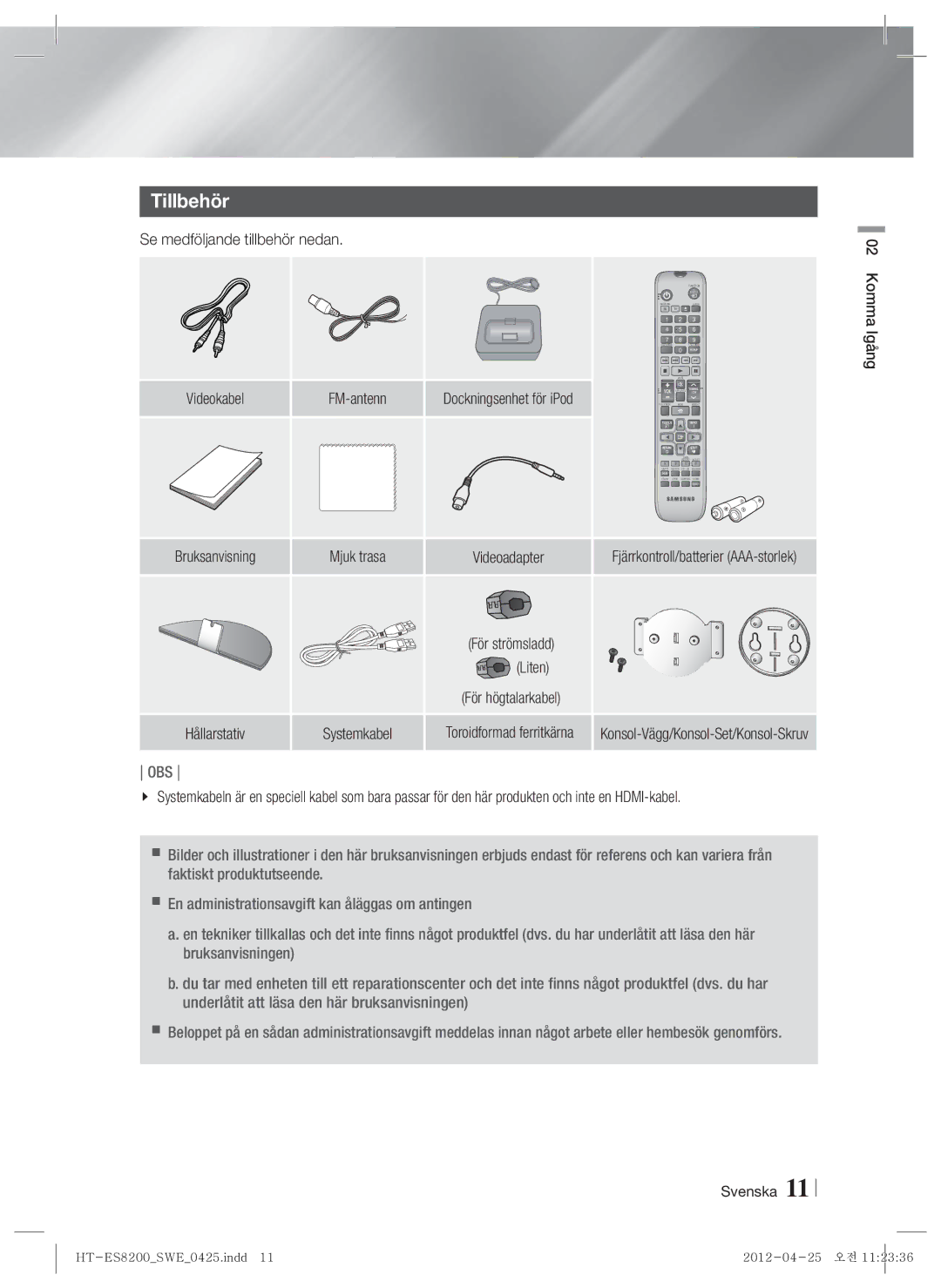 Samsung HT-ES8200/XE manual Tillbehör, Se medföljande tillbehör nedan, Liten 