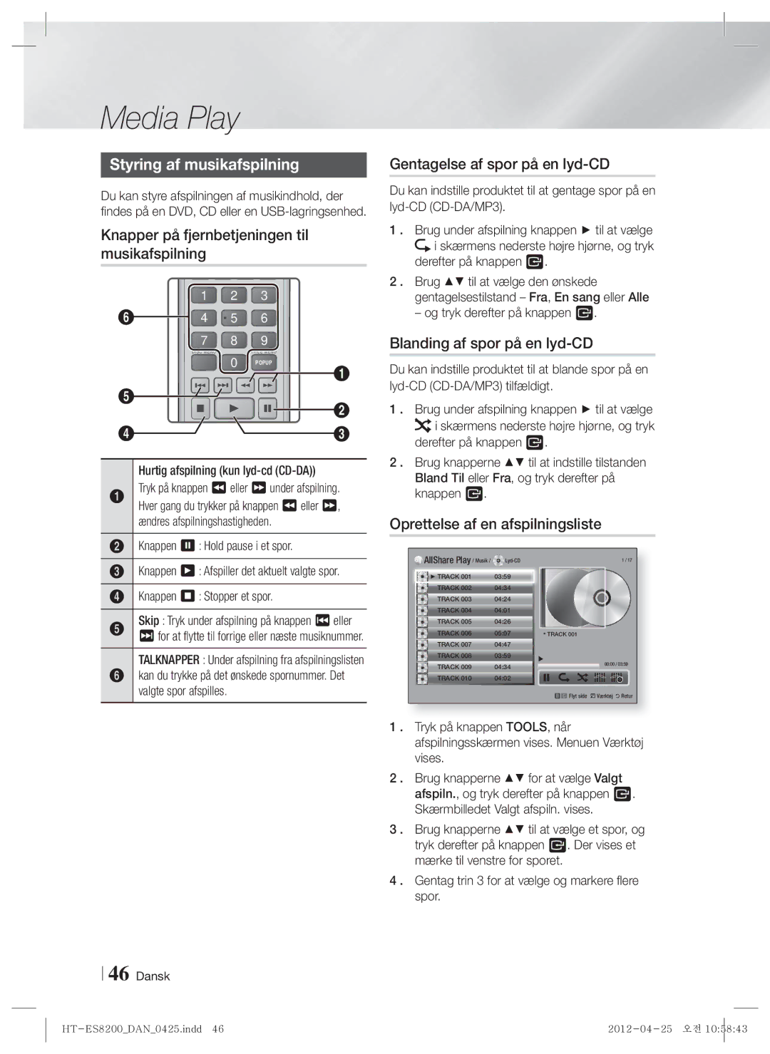 Samsung HT-ES8200/XE manual Styring af musikafspilning, Knapper på fjernbetjeningen til musikafspilning 