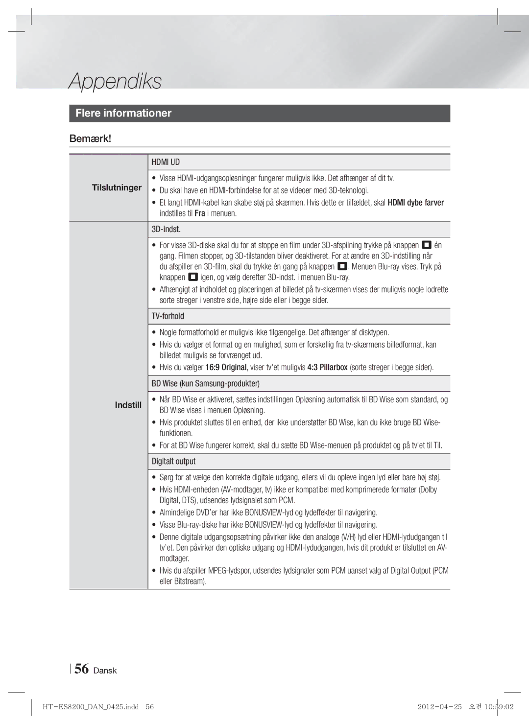 Samsung HT-ES8200/XE manual Appendiks, Flere informationer, Bemærk, Hdmi UD, Indstill 