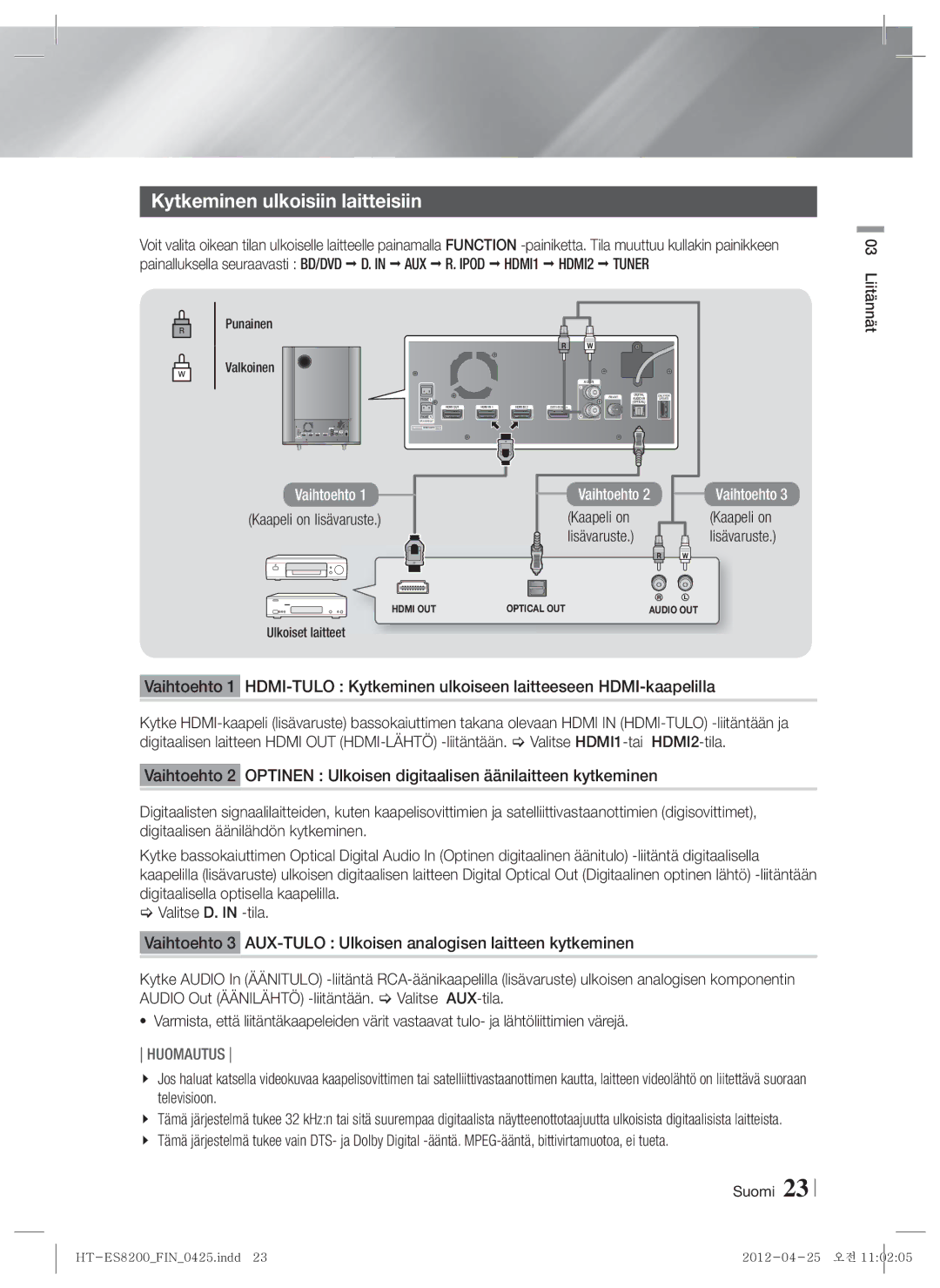 Samsung HT-ES8200/XE manual Kytkeminen ulkoisiin laitteisiin, Kaapeli on lisävaruste, Lisävaruste 