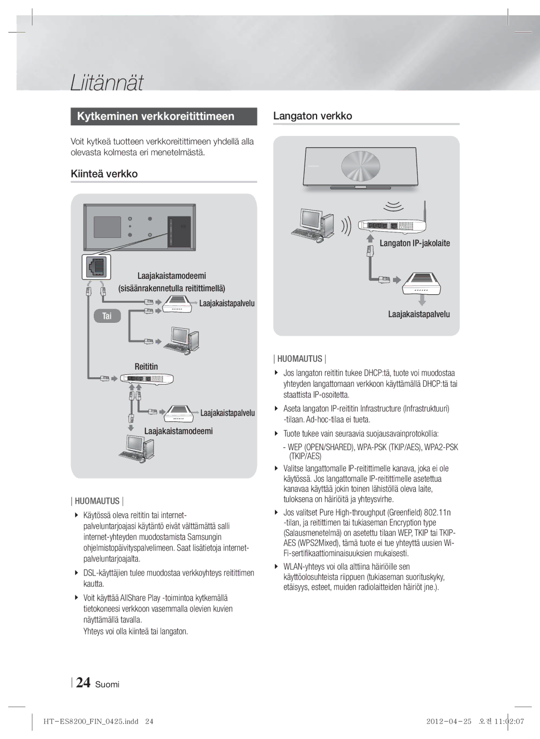 Samsung HT-ES8200/XE manual Kytkeminen verkkoreitittimeen, Kiinteä verkko, Yhteys voi olla kiinteä tai langaton 