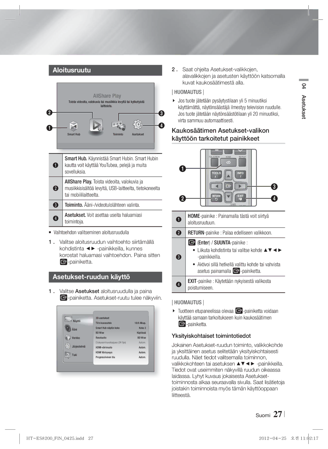 Samsung HT-ES8200/XE manual Aloitusruutu, Kaukosäätimen Asetukset-valikon, Käyttöön tarkoitetut painikkeet 