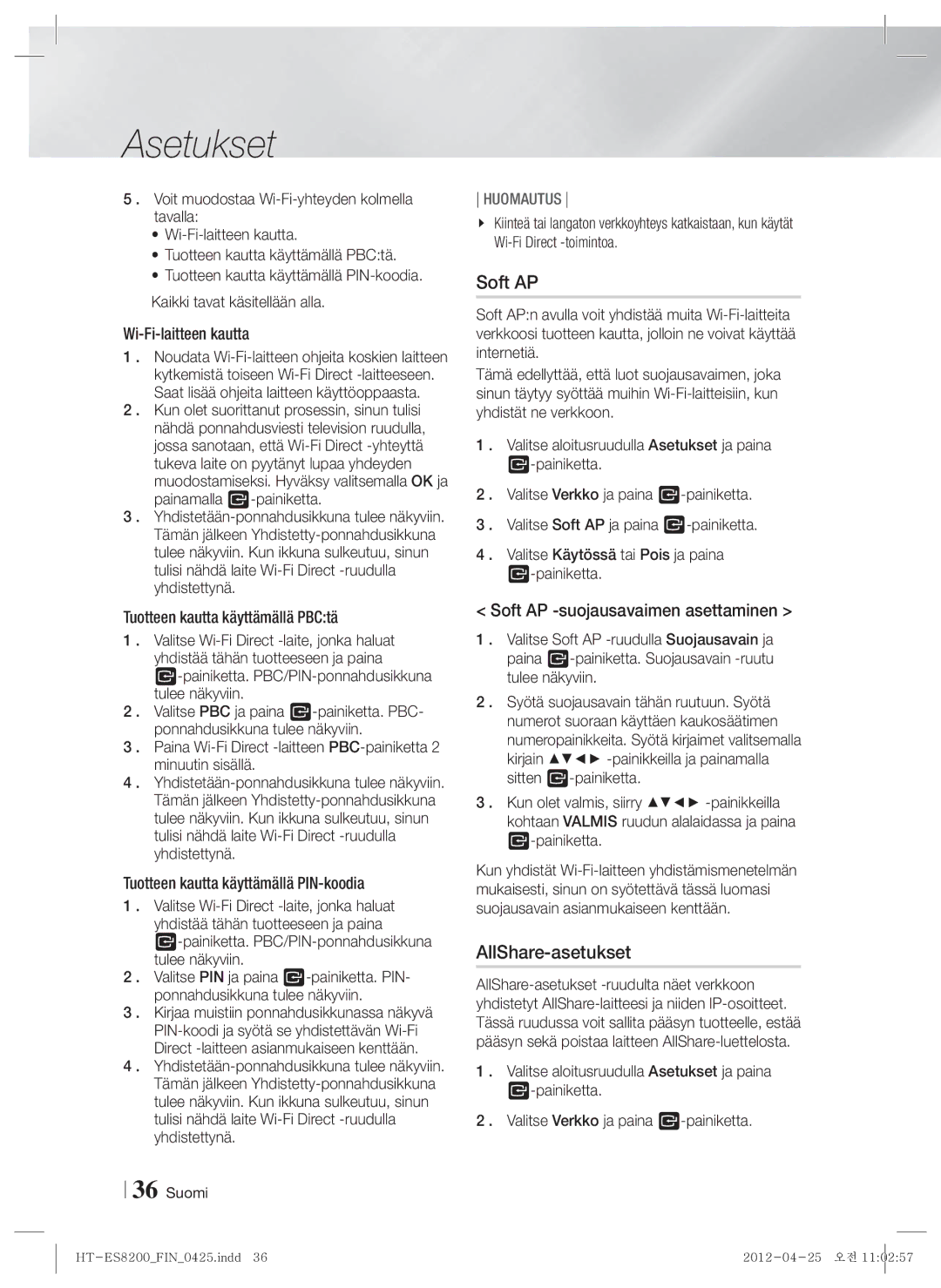 Samsung HT-ES8200/XE manual AllShare-asetukset, Soft AP -suojausavaimen asettaminen 