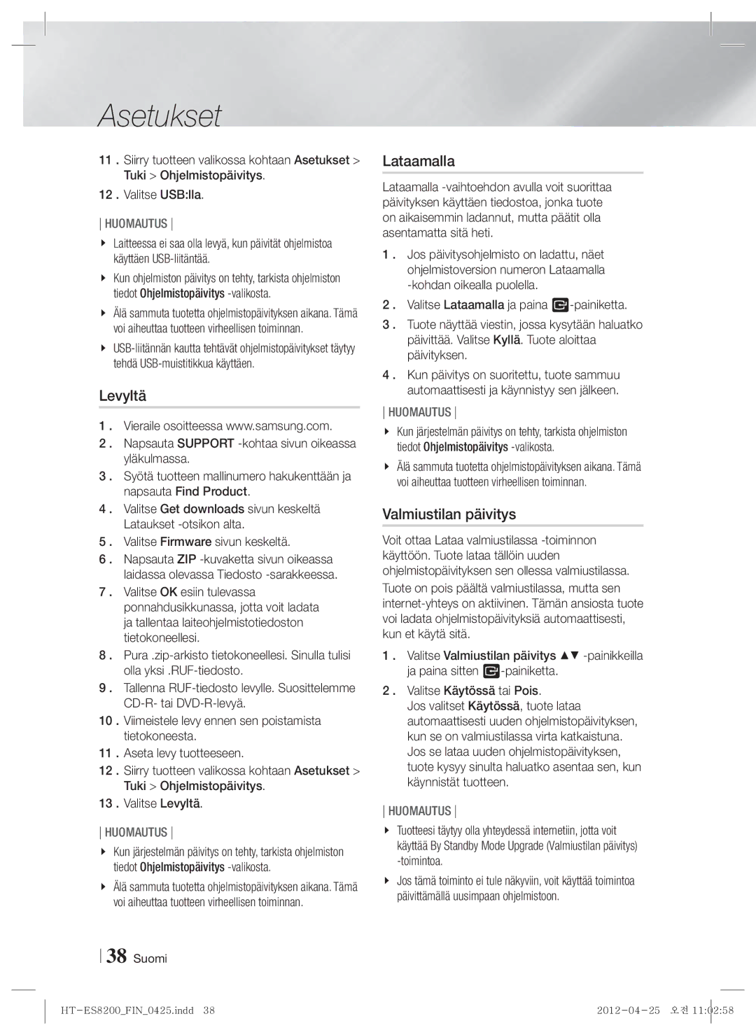 Samsung HT-ES8200/XE manual Levyltä, Lataamalla, Valmiustilan päivitys 