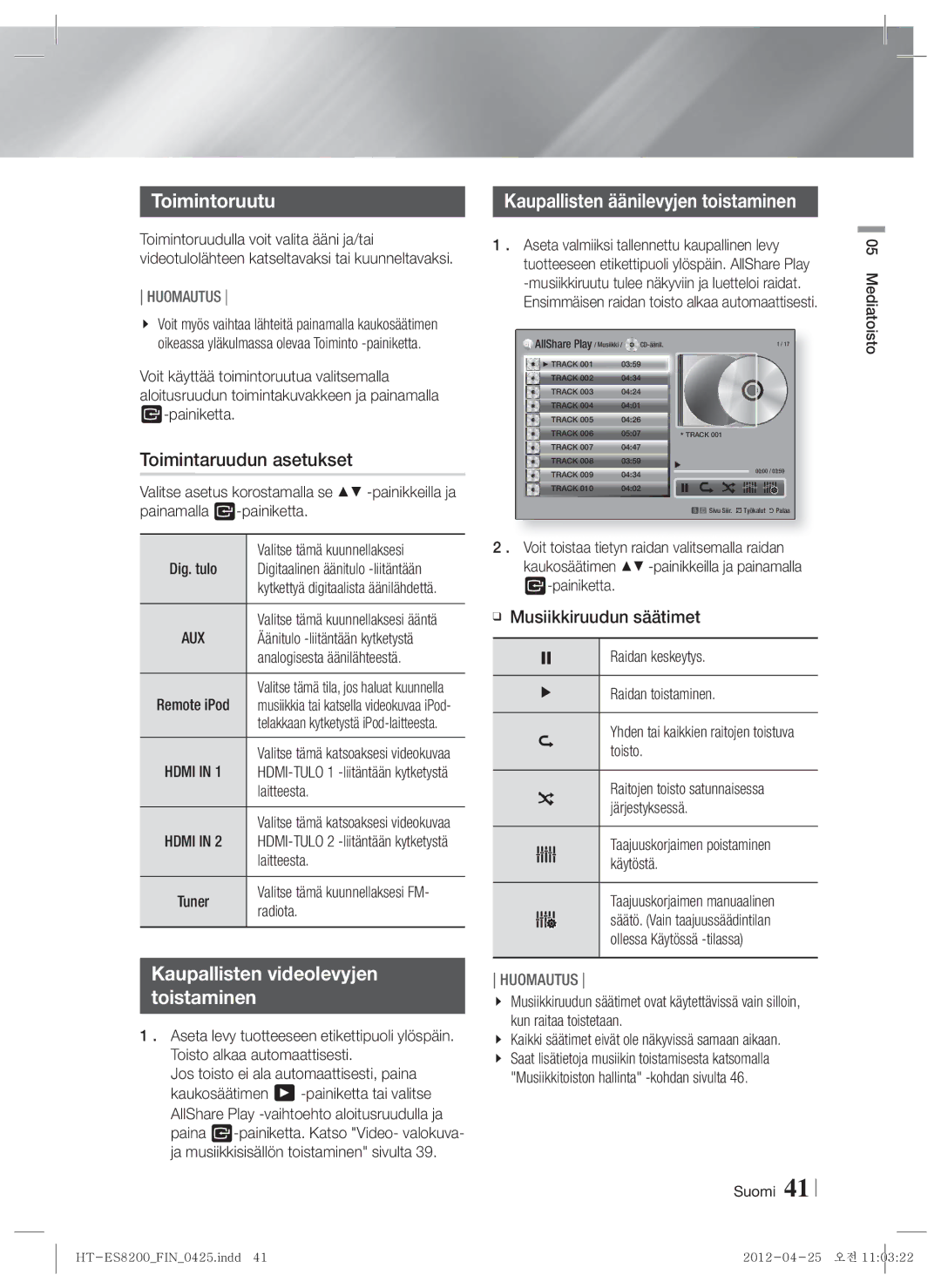 Samsung HT-ES8200/XE manual Toimintoruutu, Toimintaruudun asetukset, Kaupallisten äänilevyjen toistaminen 