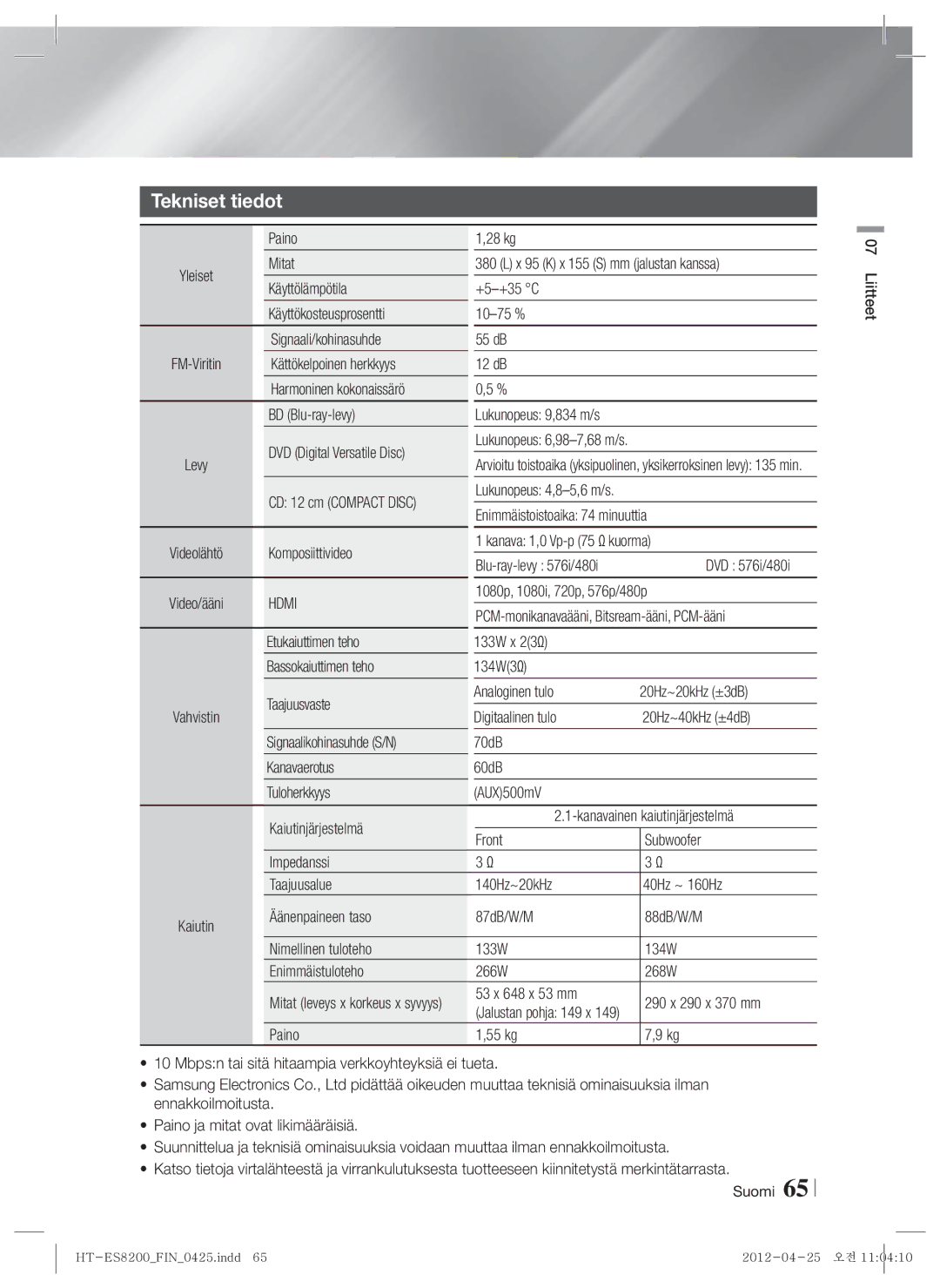 Samsung HT-ES8200/XE manual Tekniset tiedot 