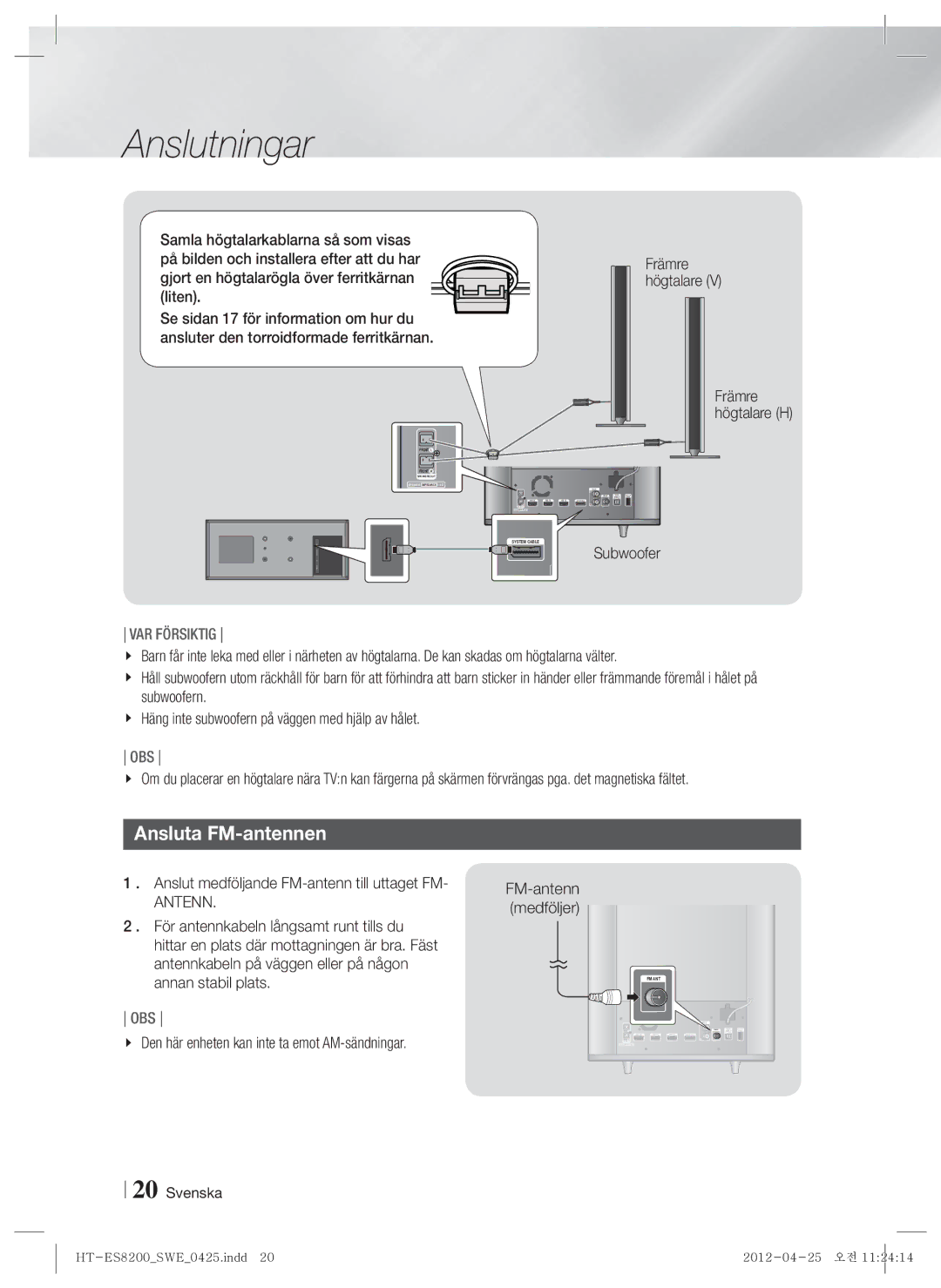 Samsung HT-ES8200/XE manual Ansluta FM-antennen, Anslut medföljande FM-antenn till uttaget FM, Antenn 