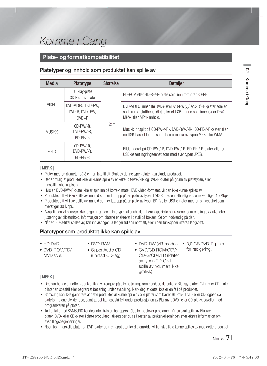 Samsung HT-ES8200/XE manual Komme i Gang, Plate- og formatkompatibilitet, Platetyper og innhold som produktet kan spille av 