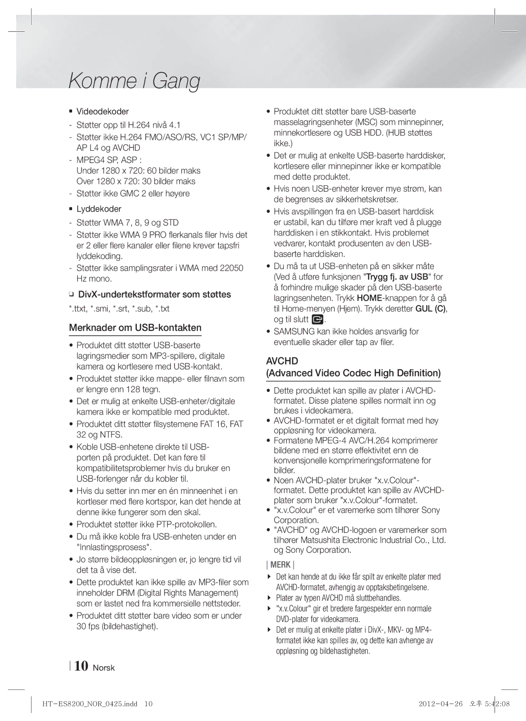 Samsung HT-ES8200/XE manual Merknader om USB-kontakten, Colour er et varemerke som tilhører Sony Corporation 