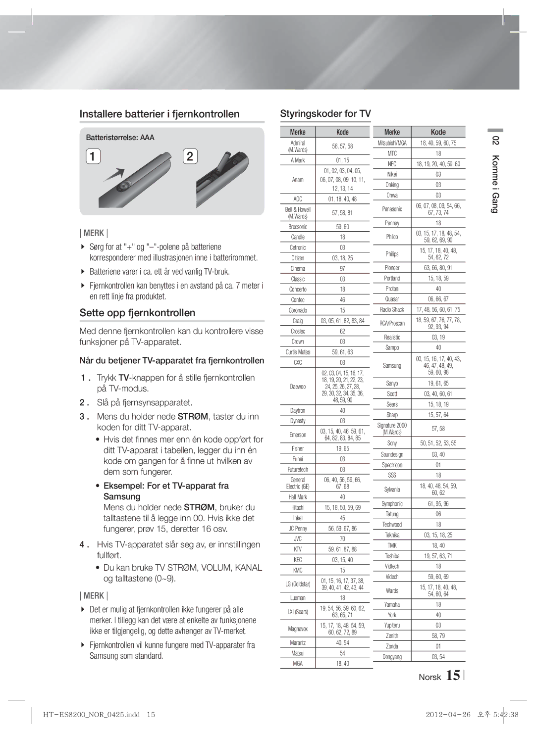 Samsung HT-ES8200/XE Installere batterier i fjernkontrollen, Sette opp fjernkontrollen, Styringskoder for TV, Merke Kode 